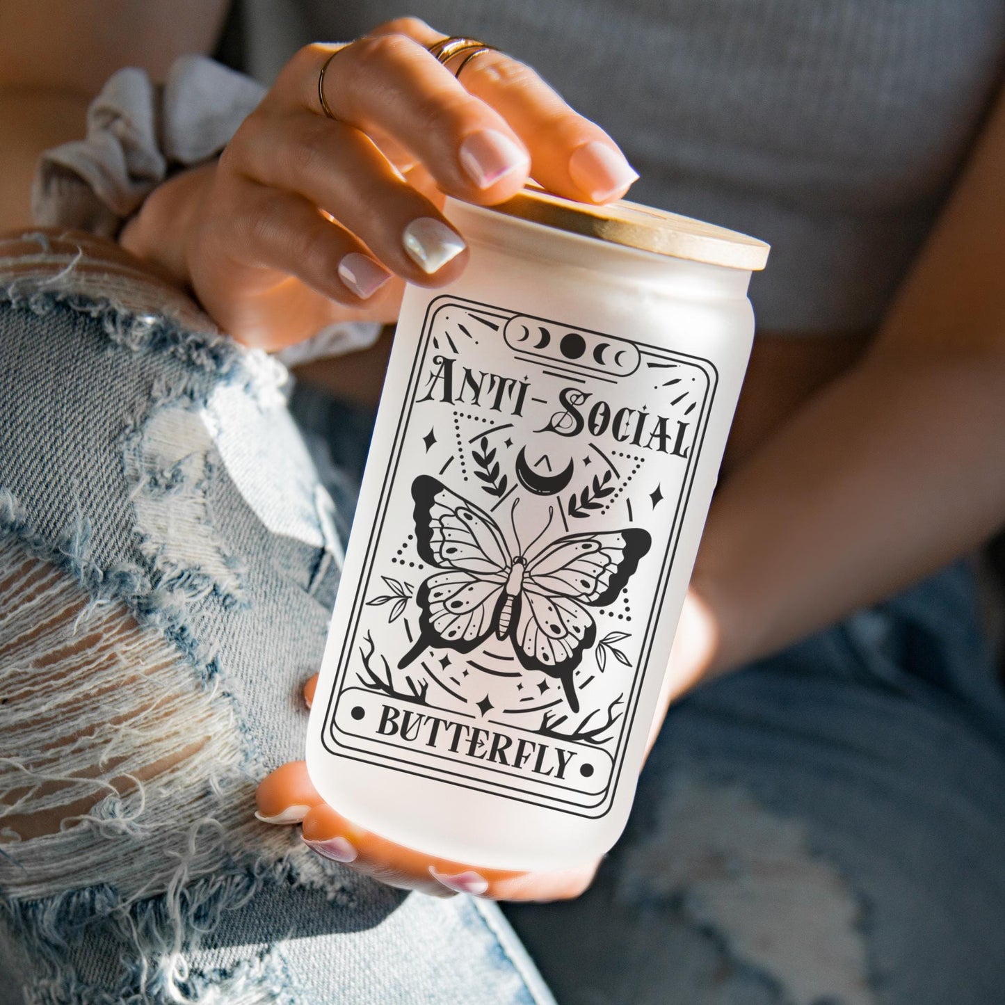 Anti-social Tarot Card 16oz Iced Coffee Cup, Halloween Glass Coffee Cup, Sarcastic Tarot Card, Gifts For Her, Cup w/ Straw & Bamboo Lid.