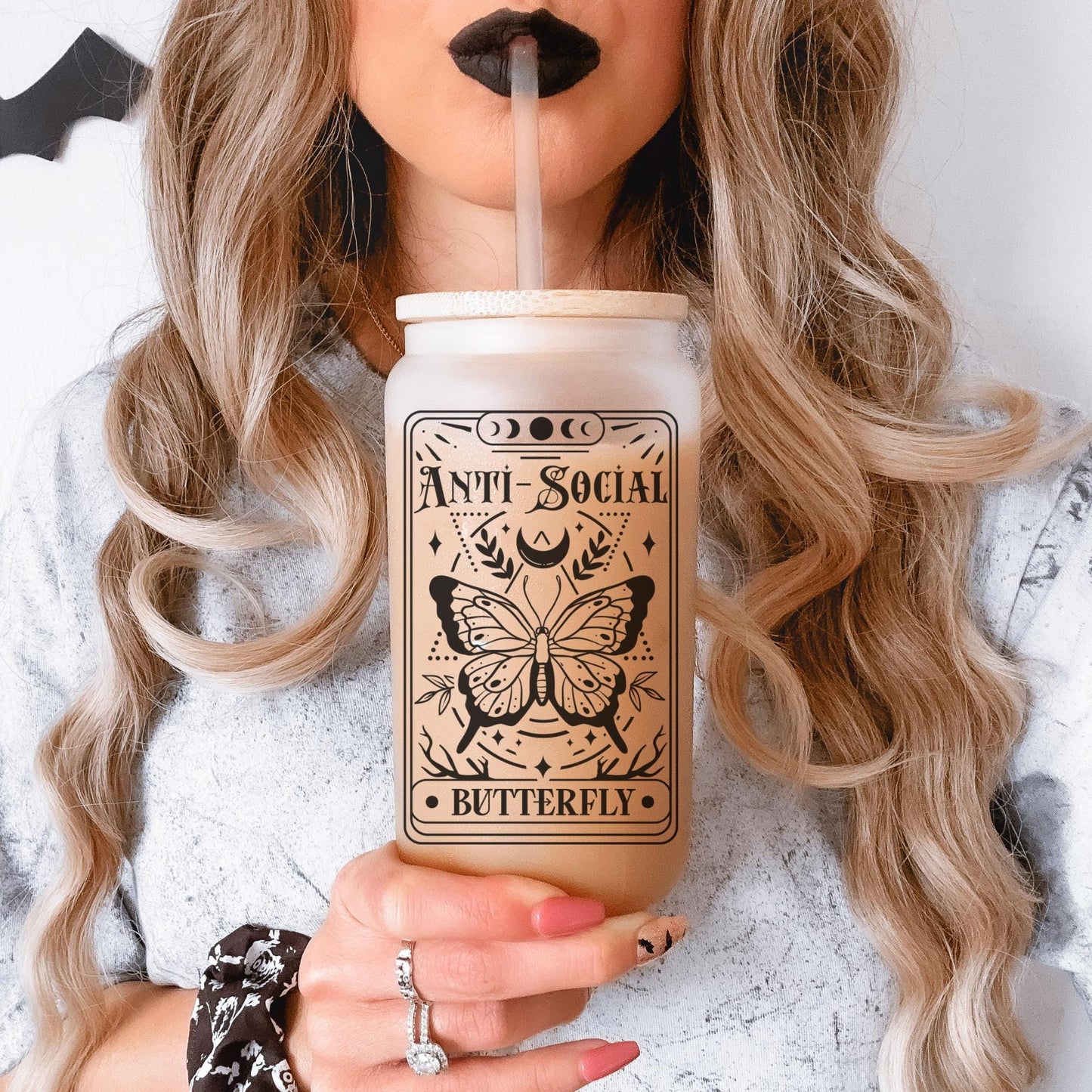 Anti-social Tarot Card 16oz Iced Coffee Cup, Halloween Glass Coffee Cup, Sarcastic Tarot Card, Gifts For Her, Cup w/ Straw & Bamboo Lid.