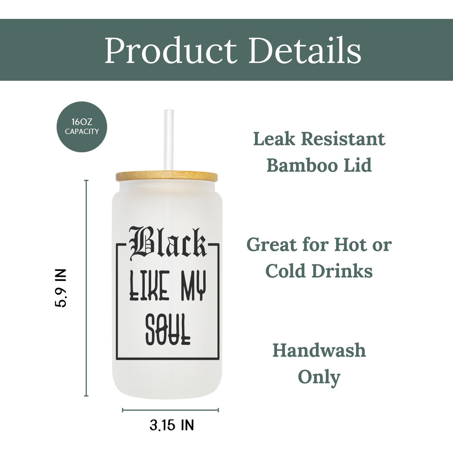 Black Like My Soul 16oz Iced Coffee Cup, Cold Drink Cup, Funny Coffee Cup, Coffee Lover Gift, Coffee Cup w/ Reusable Straw & Bamboo Lid.
