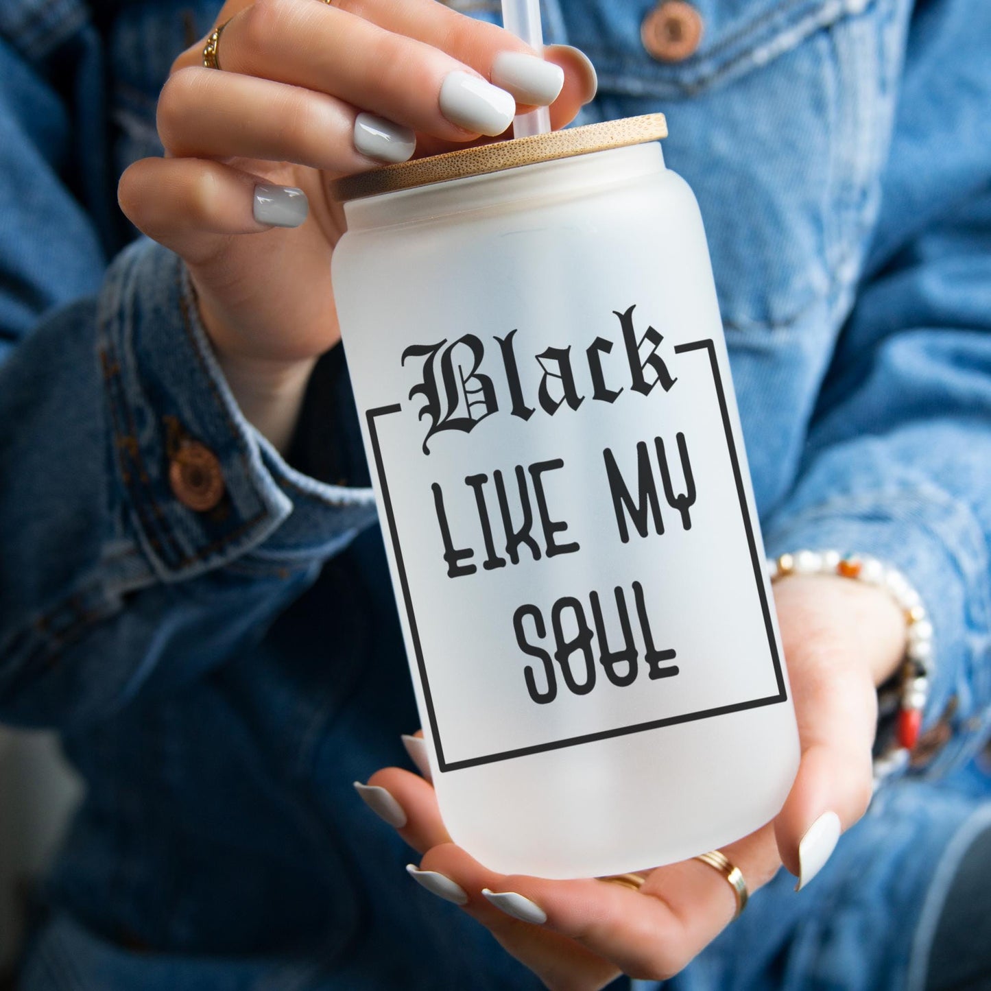 Black Like My Soul 16oz Iced Coffee Cup, Cold Drink Cup, Funny Coffee Cup, Coffee Lover Gift, Coffee Cup w/ Reusable Straw & Bamboo Lid.