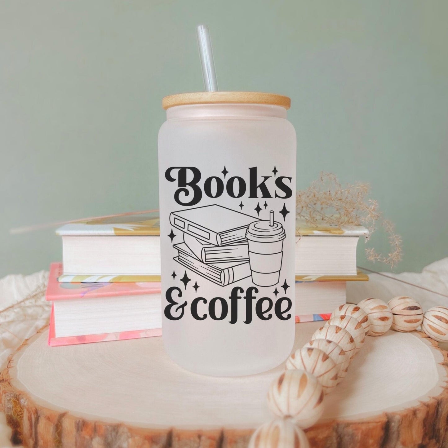 Books and Coffee 16oz Iced Coffee Cup, Cute Books Lover Cup, Books Club Gift, Books Lover Gift, Coffee Cup w/ Straw & Bamboo Lid.
