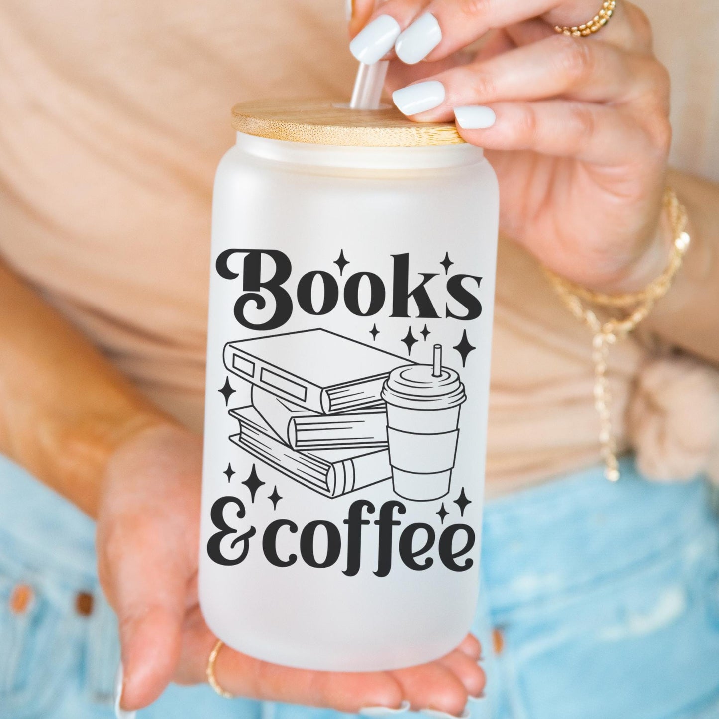 Books and Coffee 16oz Iced Coffee Cup, Cute Books Lover Cup, Books Club Gift, Books Lover Gift, Coffee Cup w/ Straw & Bamboo Lid.