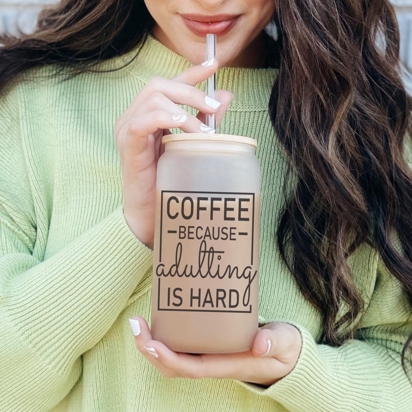 Coffee Because Adulting is Hard 16oz Iced Coffee Cup, Coworker Gift, Sarcastic Humor Coffee Gift, Coffee Cup w/ Straw & Bamboo Lid.