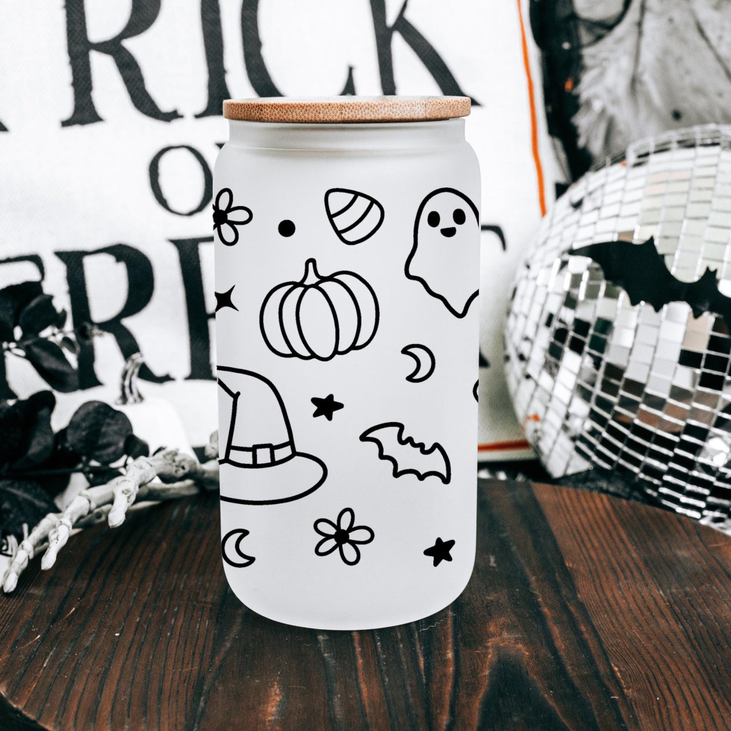 Halloween Lover 16oz Iced Coffee Cup, Fall Glass Can, Halloween Glass Can, Coffee Glass, Halloween Gifts Coffee Cup w/ Straw & Bamboo Lid.