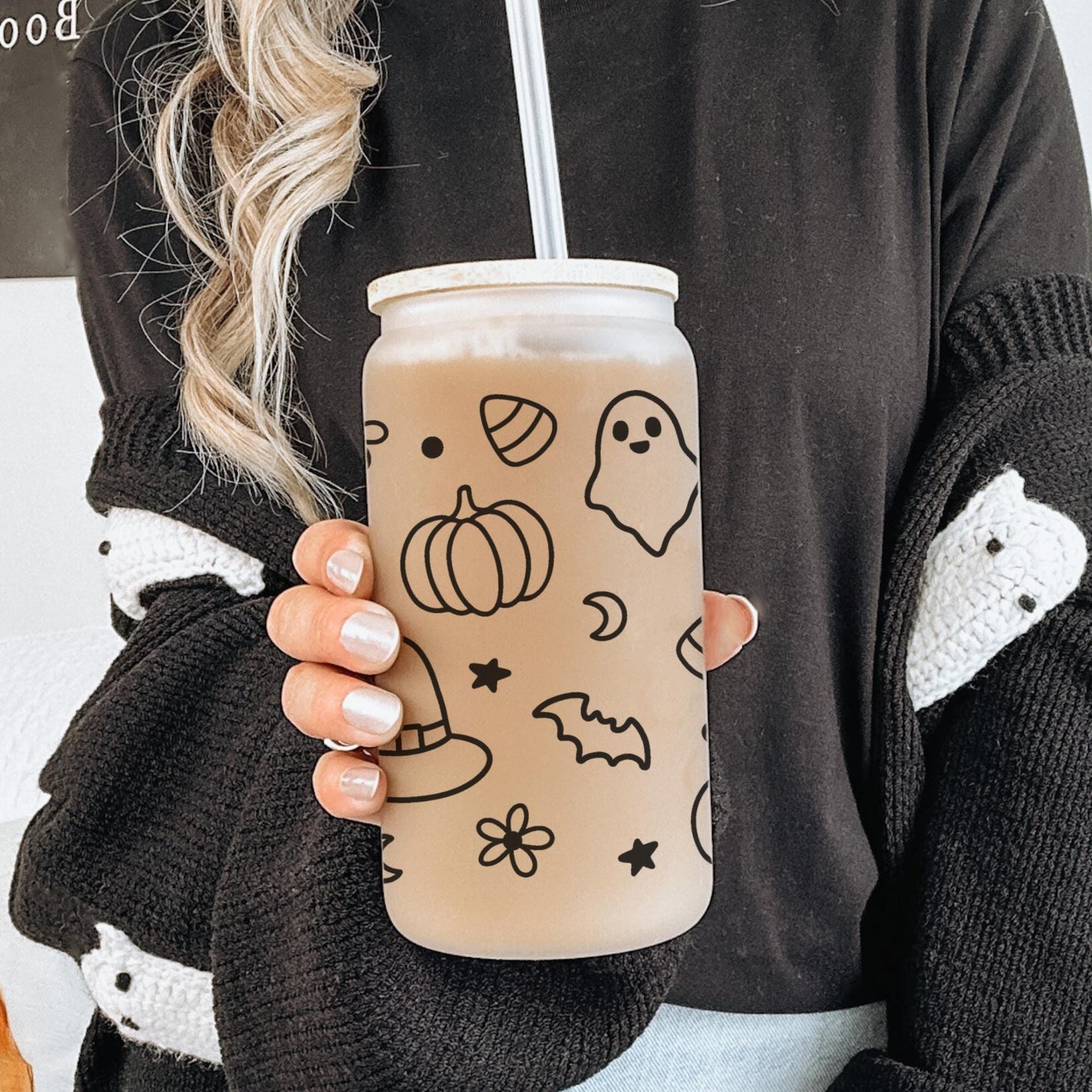 Halloween Lover 16oz Iced Coffee Cup, Fall Glass Can, Halloween Glass Can, Coffee Glass, Halloween Gifts Coffee Cup w/ Straw & Bamboo Lid.