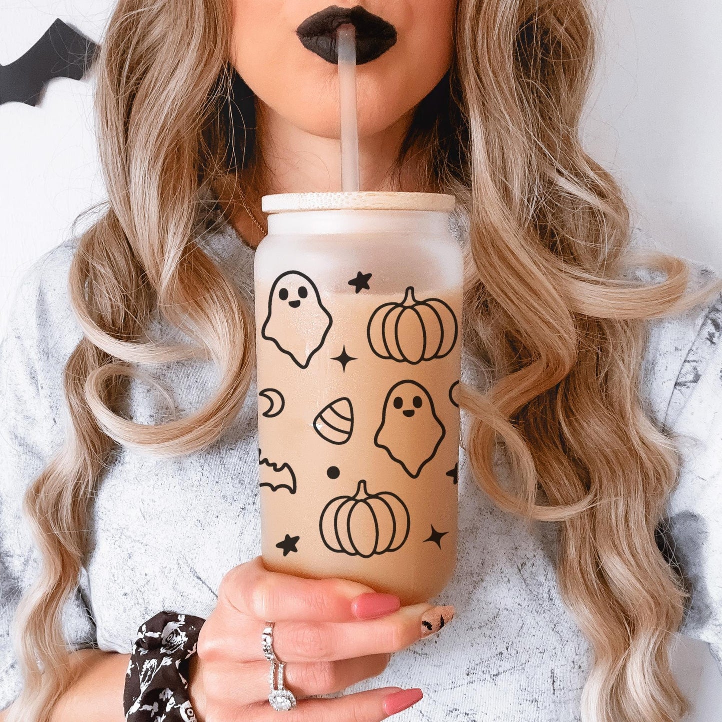 Halloween Lover 16oz Iced Coffee Cup, Fall Glass Can, Halloween Glass Can, Coffee Glass, Halloween Gifts Coffee Cup w/ Straw & Bamboo Lid.