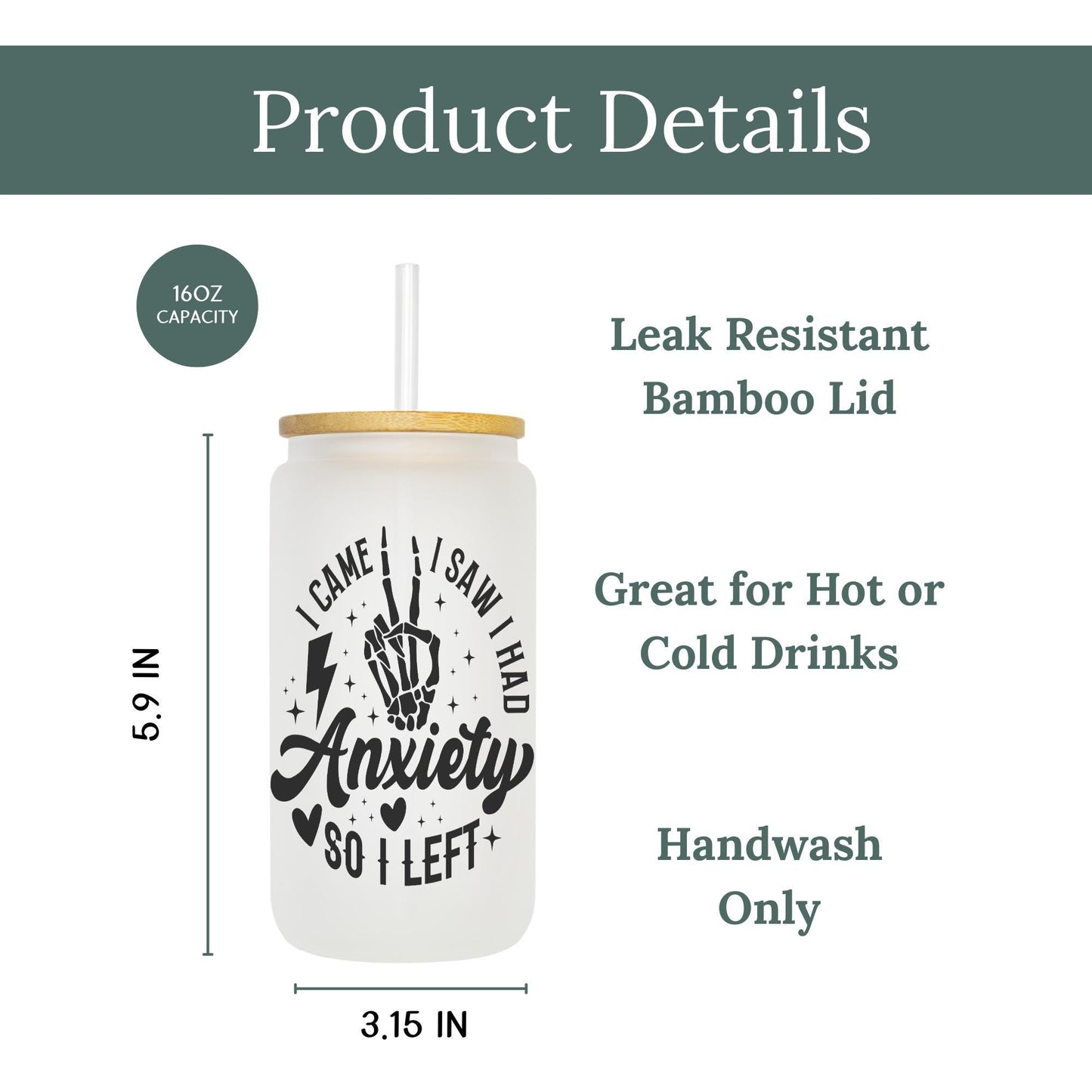 Got Anxiety So I Left 16oz Iced Coffee Cup, Anxiety Relief Gift, Funny Anxiety Gift, Anxiety Gifts For Her, Cup w/ Straw & Bamboo Lid.