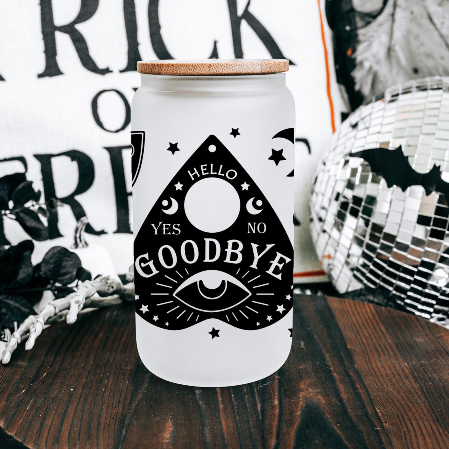 Hello Goodbye 16oz Iced Coffee Glass, Witch Gift Cup, Mystical Gift, Gift for Her, Halloween Gift, Iced Coffee Cup w/ Straw & Bamboo Lid.