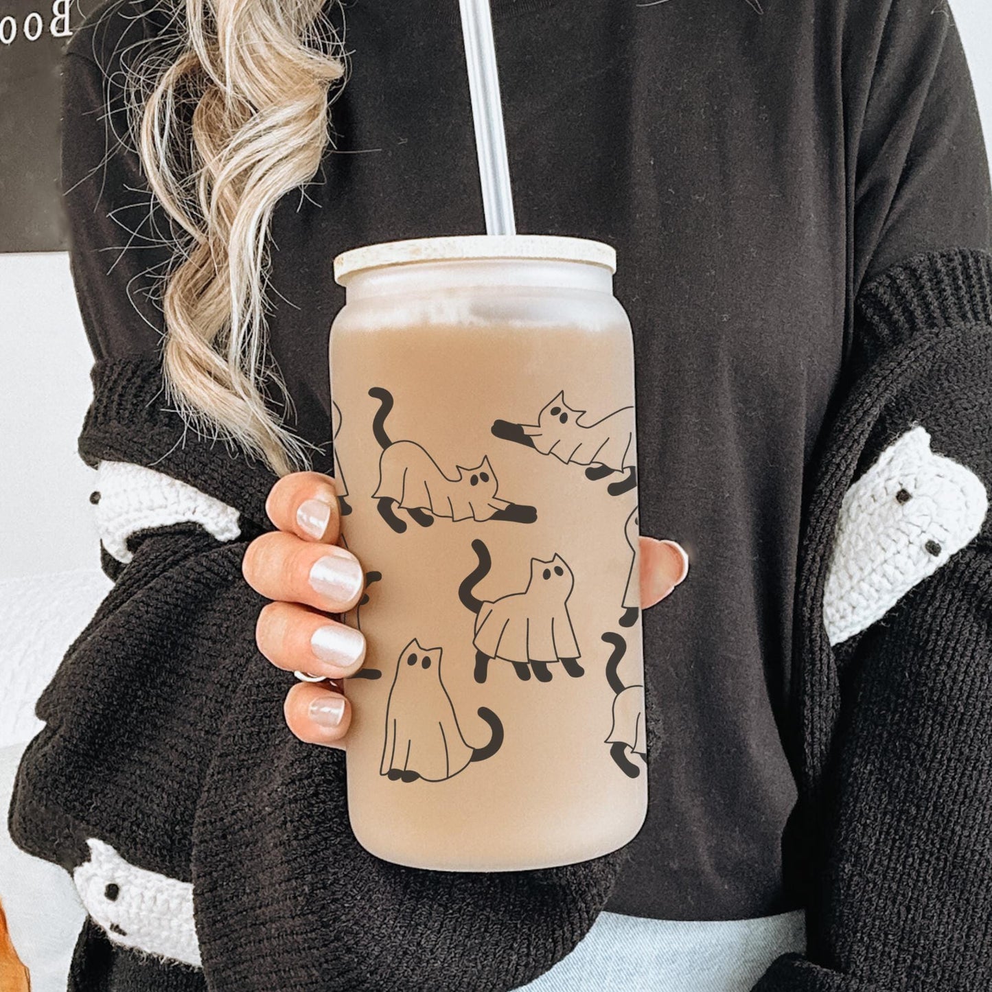 Black Cat Ghosts 16oz Iced Coffee Cup, Halloween Ghost Cup, Spooky Season Cat Cup, Halloween Cute Gift, Coffee Cup w/ Straw & Bamboo Lid.