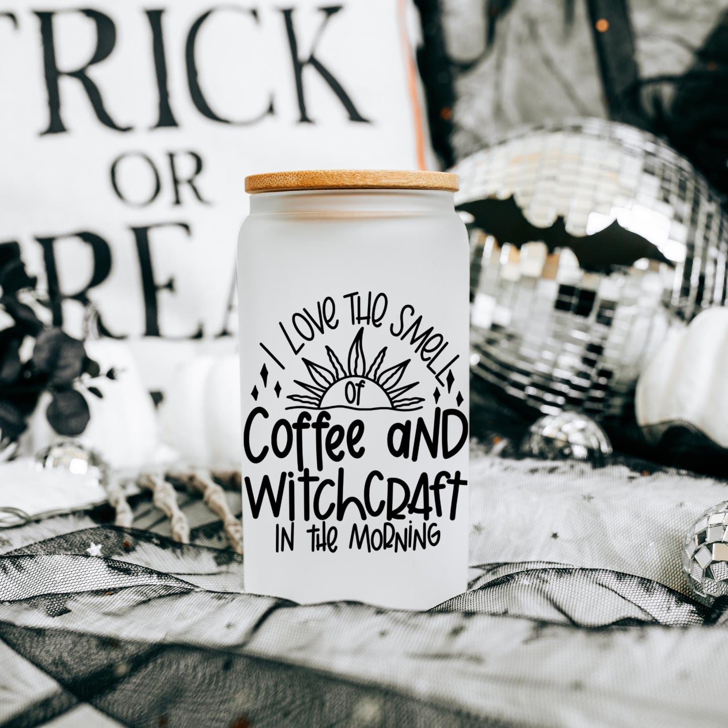 Coffee and Witchcraft 16oz Iced Coffee Cup, Mystical Glass Cup, Witchy Gift Cup, Gift for Her, Coffee Cup w/ Reusable Straw & Bamboo Lid.