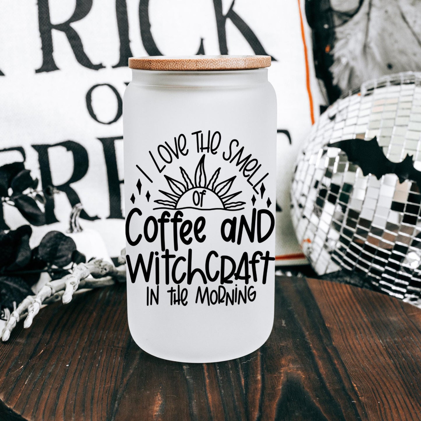 Coffee and Witchcraft 16oz Iced Coffee Cup, Mystical Glass Cup, Witchy Gift Cup, Gift for Her, Coffee Cup w/ Reusable Straw & Bamboo Lid.