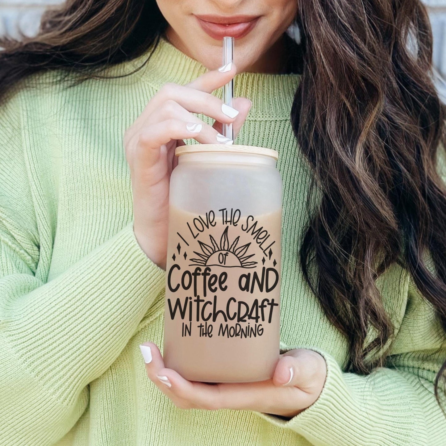 Coffee and Witchcraft 16oz Iced Coffee Cup, Mystical Glass Cup, Witchy Gift Cup, Gift for Her, Coffee Cup w/ Reusable Straw & Bamboo Lid.
