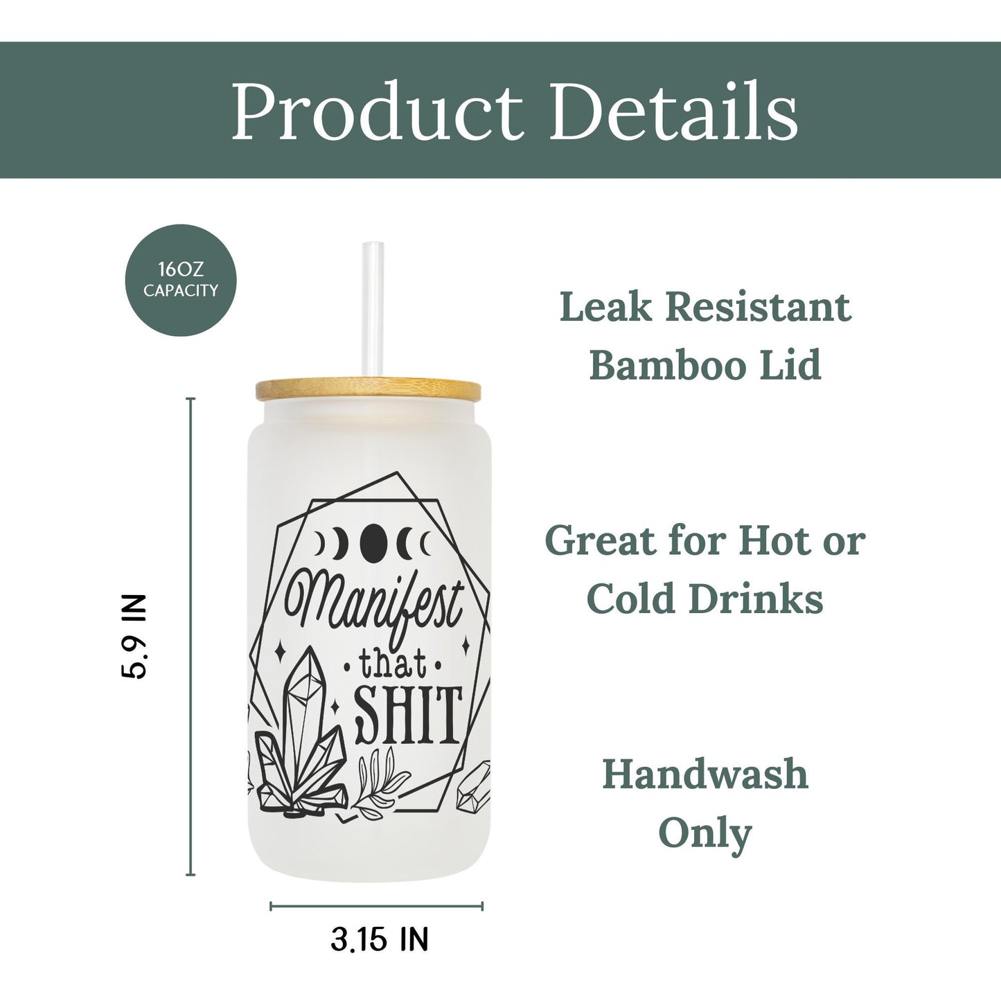 Manifest That 16oz Iced Coffee Cup, Gift for Her, Best Friend Gift, Mental Health gift, Coffee Cup w/ Reusable Straw & Bamboo Lid.