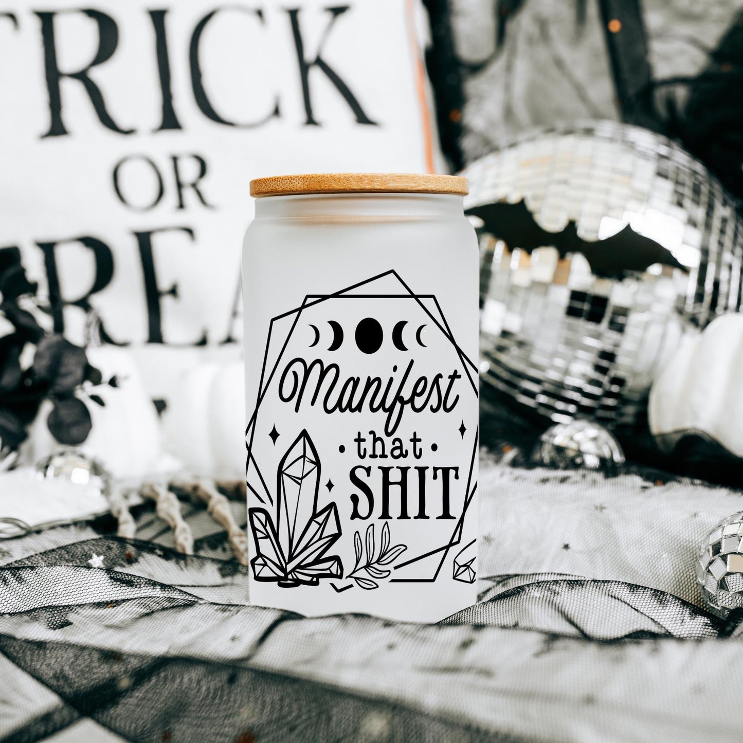 Manifest That 16oz Iced Coffee Cup, Gift for Her, Best Friend Gift, Mental Health gift, Coffee Cup w/ Reusable Straw & Bamboo Lid.