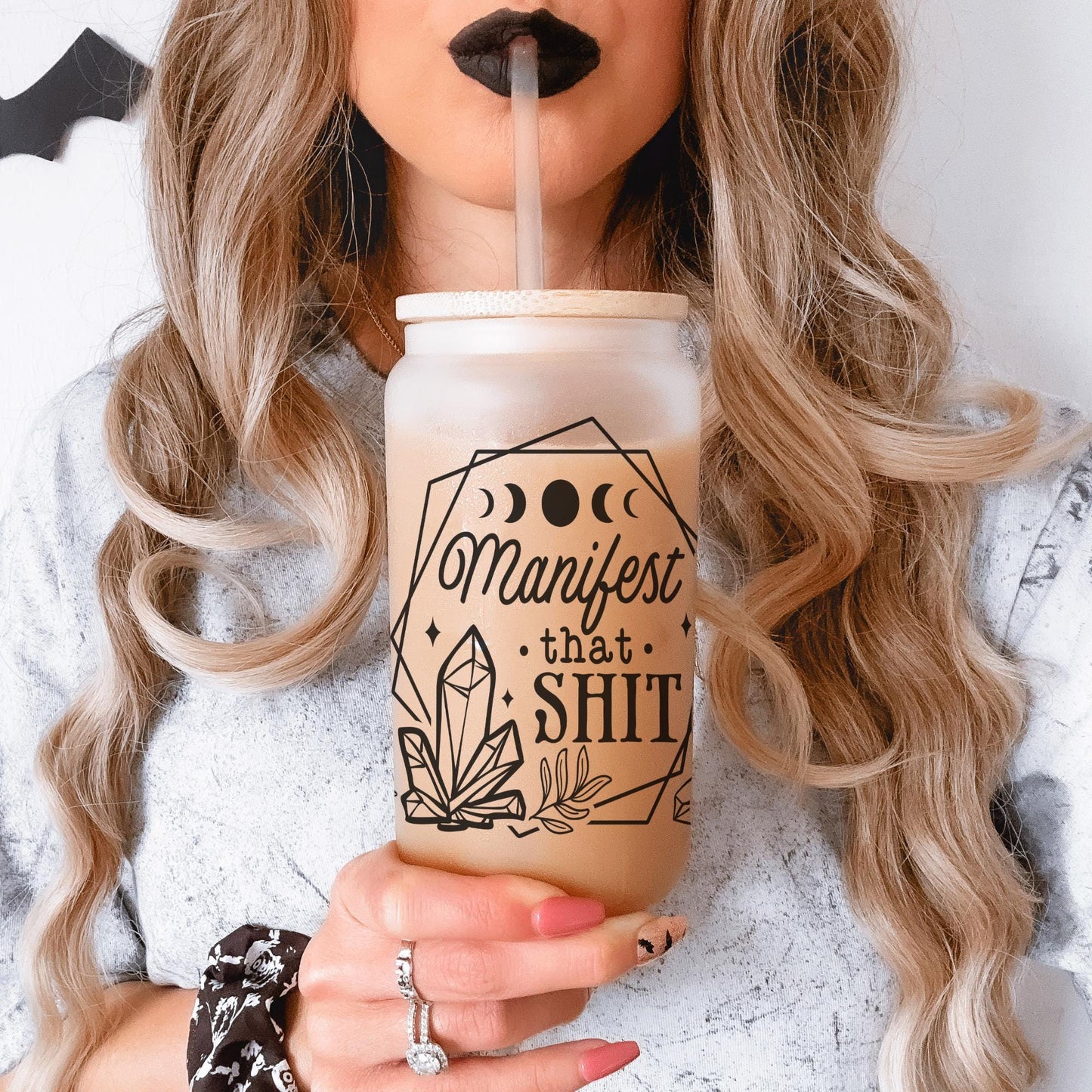 Manifest That 16oz Iced Coffee Cup, Gift for Her, Best Friend Gift, Mental Health gift, Coffee Cup w/ Reusable Straw & Bamboo Lid.