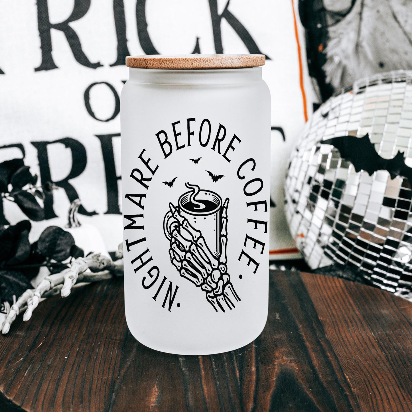 Nightmare Before Coffee 16oz Iced Coffee Cup, Funny Skeleton Glass Cup, Coffee Lover Gift, Dark Humor Cup, Coffee Cup w/ Straw & Bamboo Lid.
