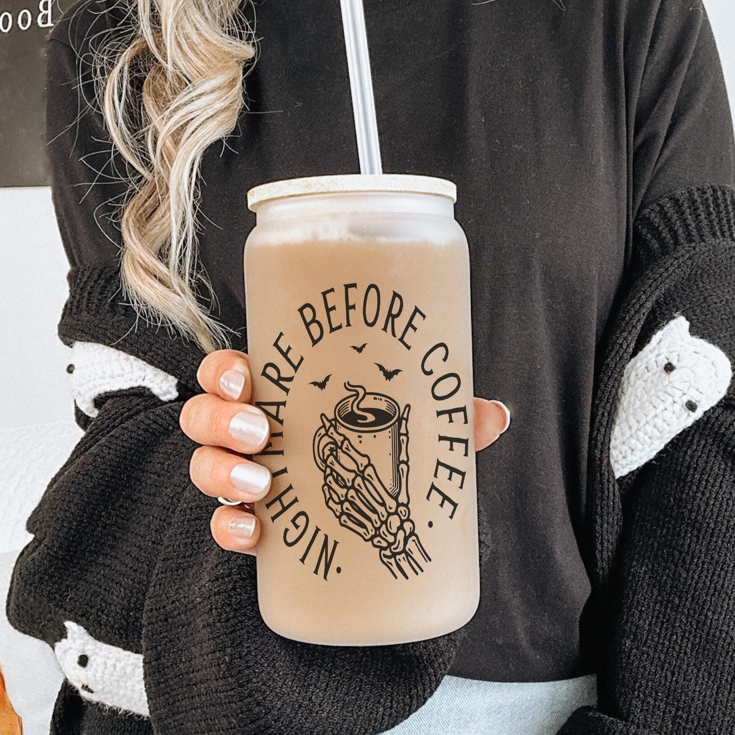 Nightmare Before Coffee 16oz Iced Coffee Cup, Funny Skeleton Glass Cup, Coffee Lover Gift, Dark Humor Cup, Coffee Cup w/ Straw & Bamboo Lid.