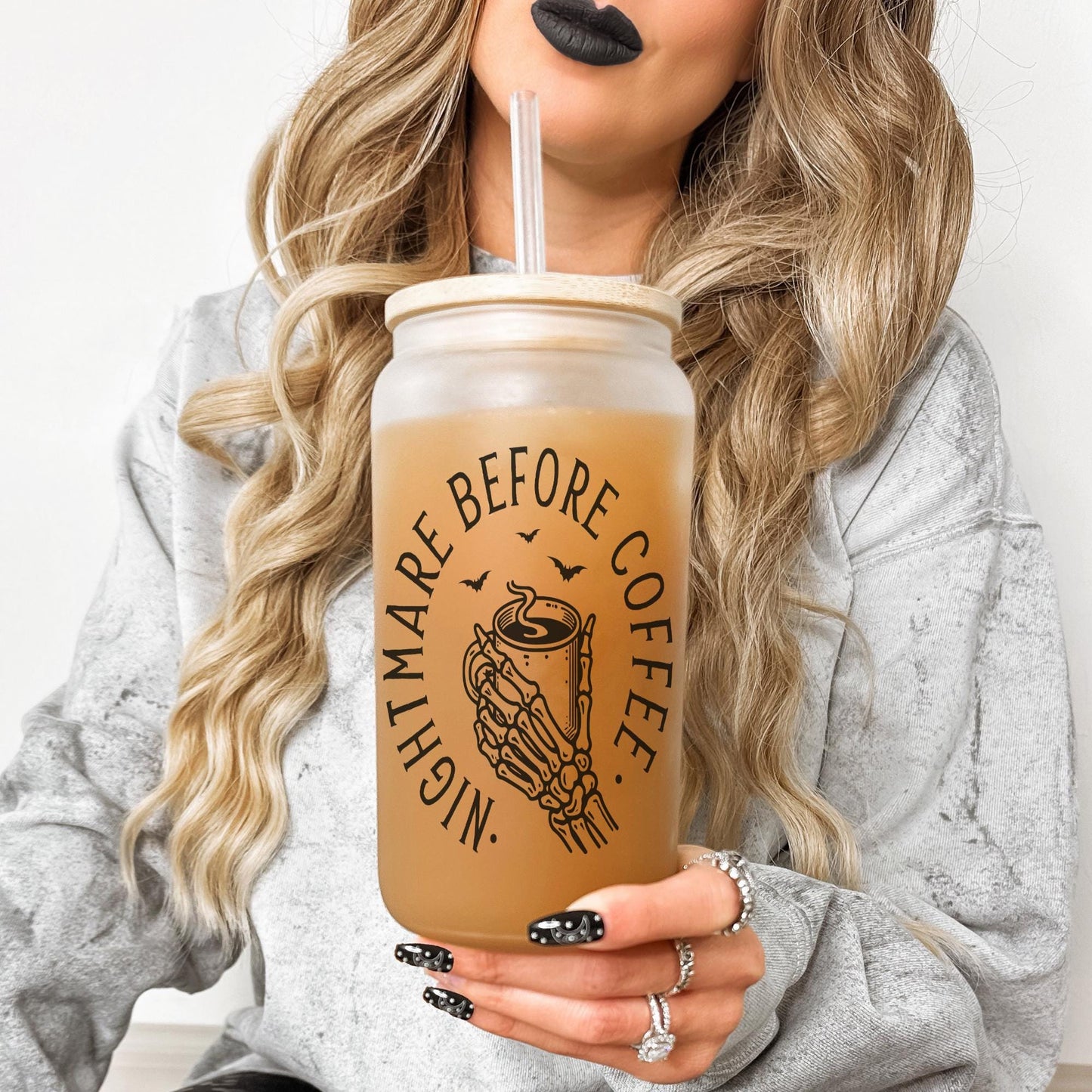 Nightmare Before Coffee 16oz Iced Coffee Cup, Funny Skeleton Glass Cup, Coffee Lover Gift, Dark Humor Cup, Coffee Cup w/ Straw & Bamboo Lid.