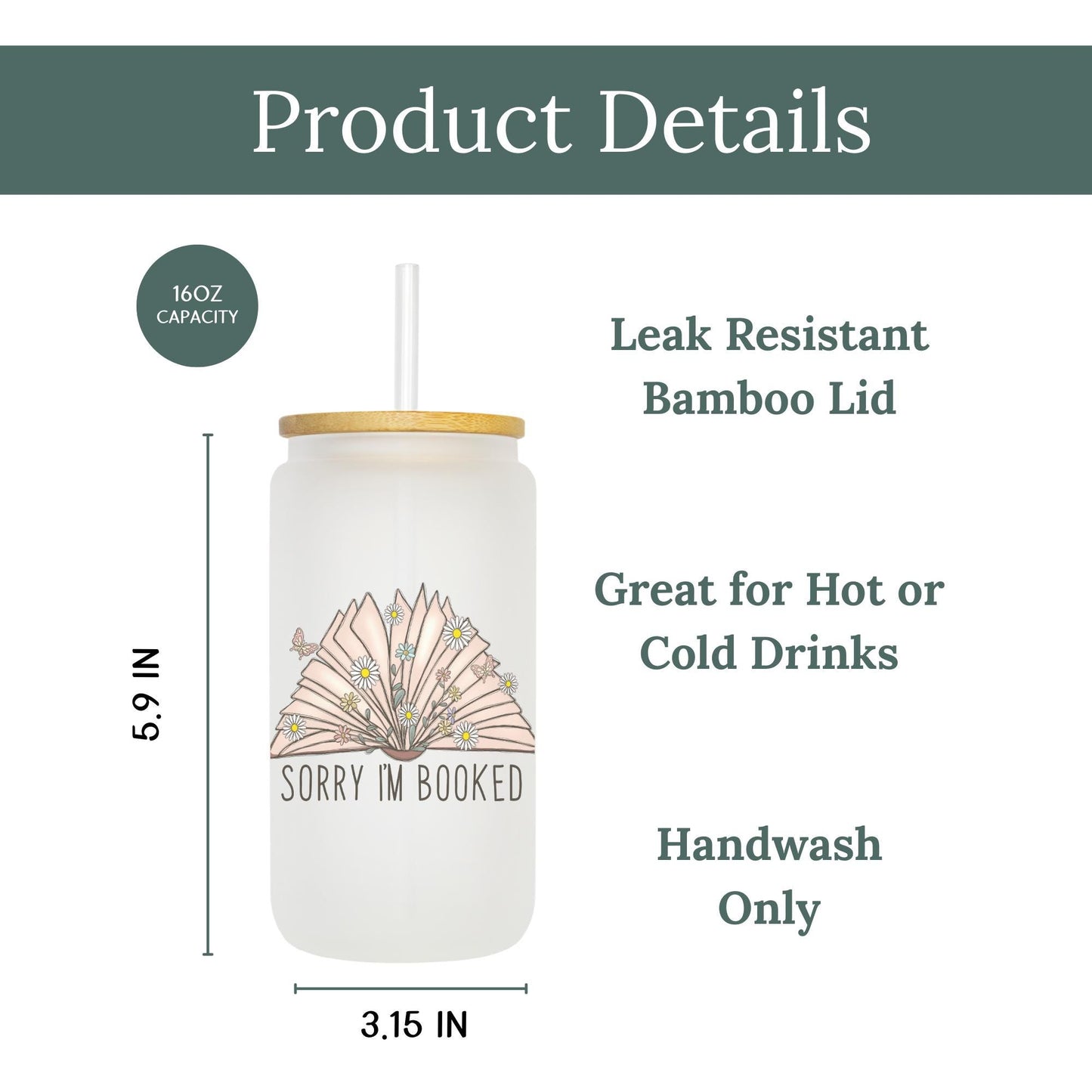 Sorry I'm Booked 16oz Iced Coffee Cup, Book Lover Gift, Gift for Readers, Gifts for Bookworms, Coffee Cup w/ Reusable Straw & Bamboo Lid.