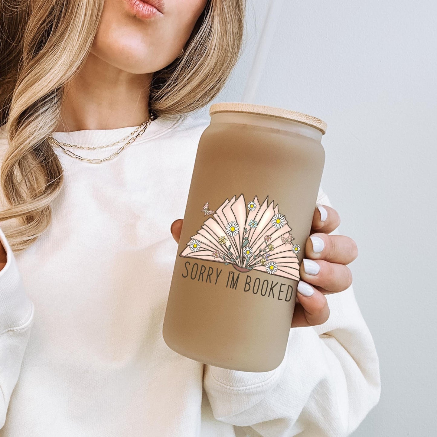 Sorry I'm Booked 16oz Iced Coffee Cup, Book Lover Gift, Gift for Readers, Gifts for Bookworms, Coffee Cup w/ Reusable Straw & Bamboo Lid.