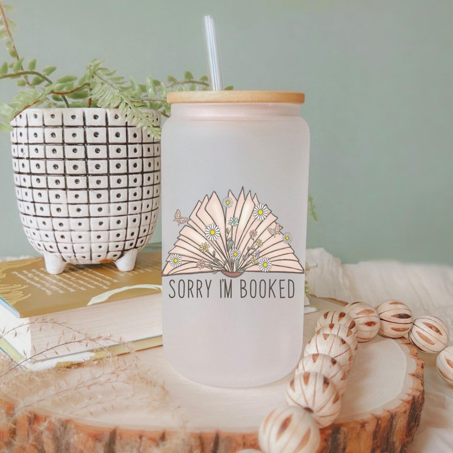 Sorry I'm Booked 16oz Iced Coffee Cup, Book Lover Gift, Gift for Readers, Gifts for Bookworms, Coffee Cup w/ Reusable Straw & Bamboo Lid.