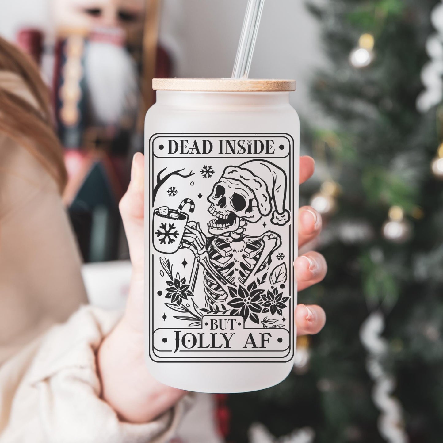 Jolly AF Tarot Card 16oz Iced Coffee Cup, Christmas Cups, Coffee Glass, Iced Coffee Glass, Holiday Glass, Coffee Cup w/ Straw & Bamboo Lid.