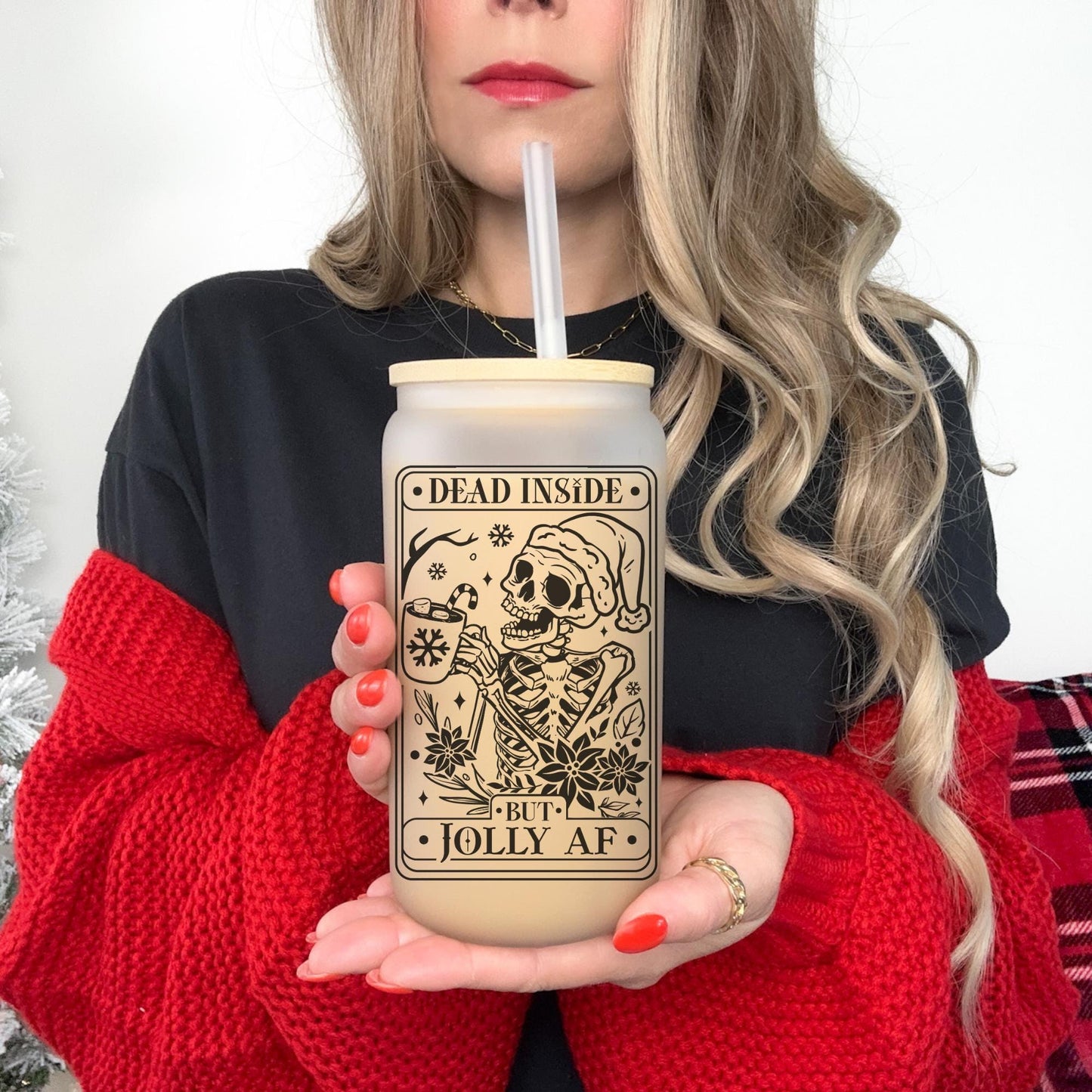 Jolly AF Tarot Card 16oz Iced Coffee Cup, Christmas Cups, Coffee Glass, Iced Coffee Glass, Holiday Glass, Coffee Cup w/ Straw & Bamboo Lid.