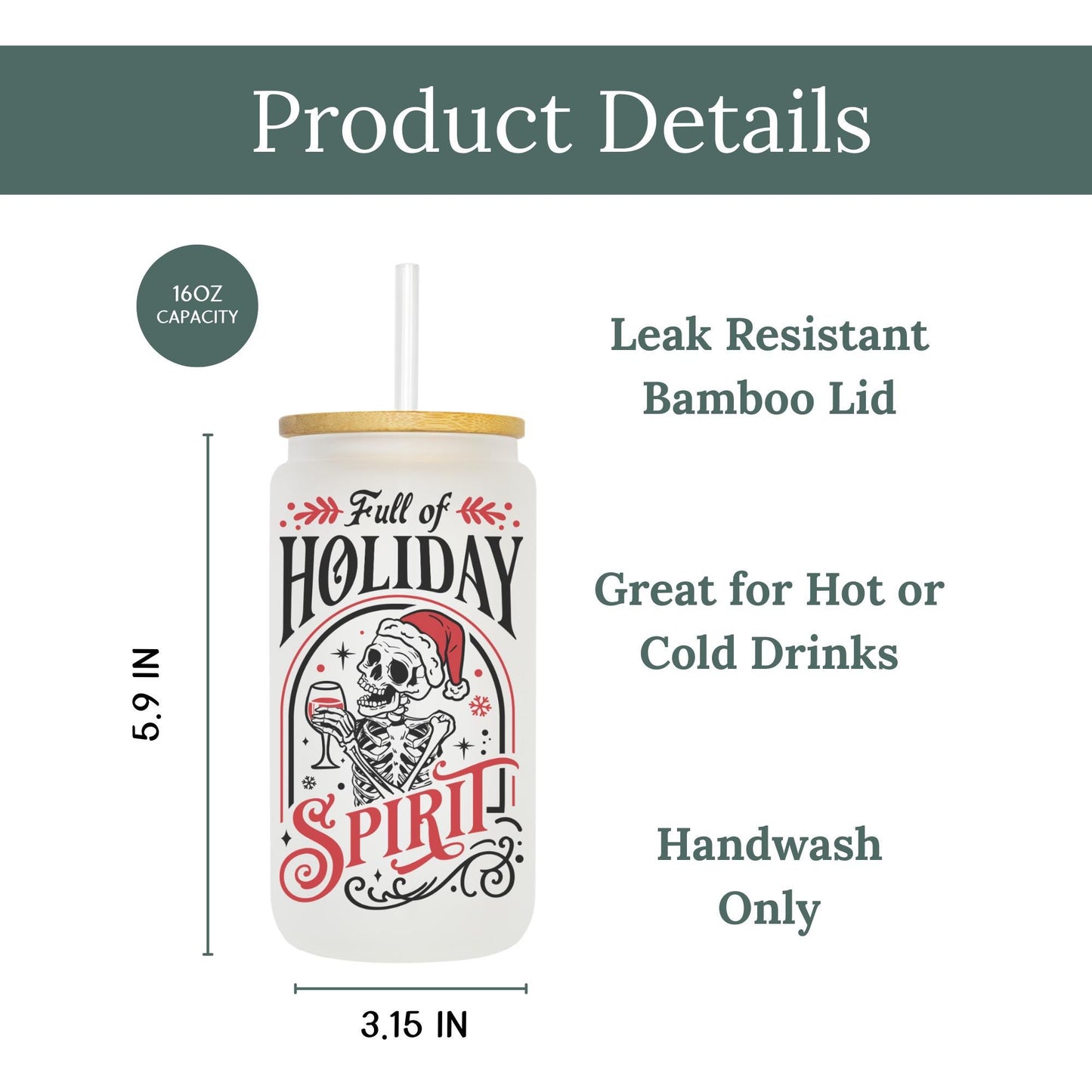 Holiday Spirit 16oz Iced Coffee Cup, Christmas Cups, Coffee Glass, Iced Coffee Glass, Holiday Glass, Coffee Cup w/ Reusable Straw & Lid