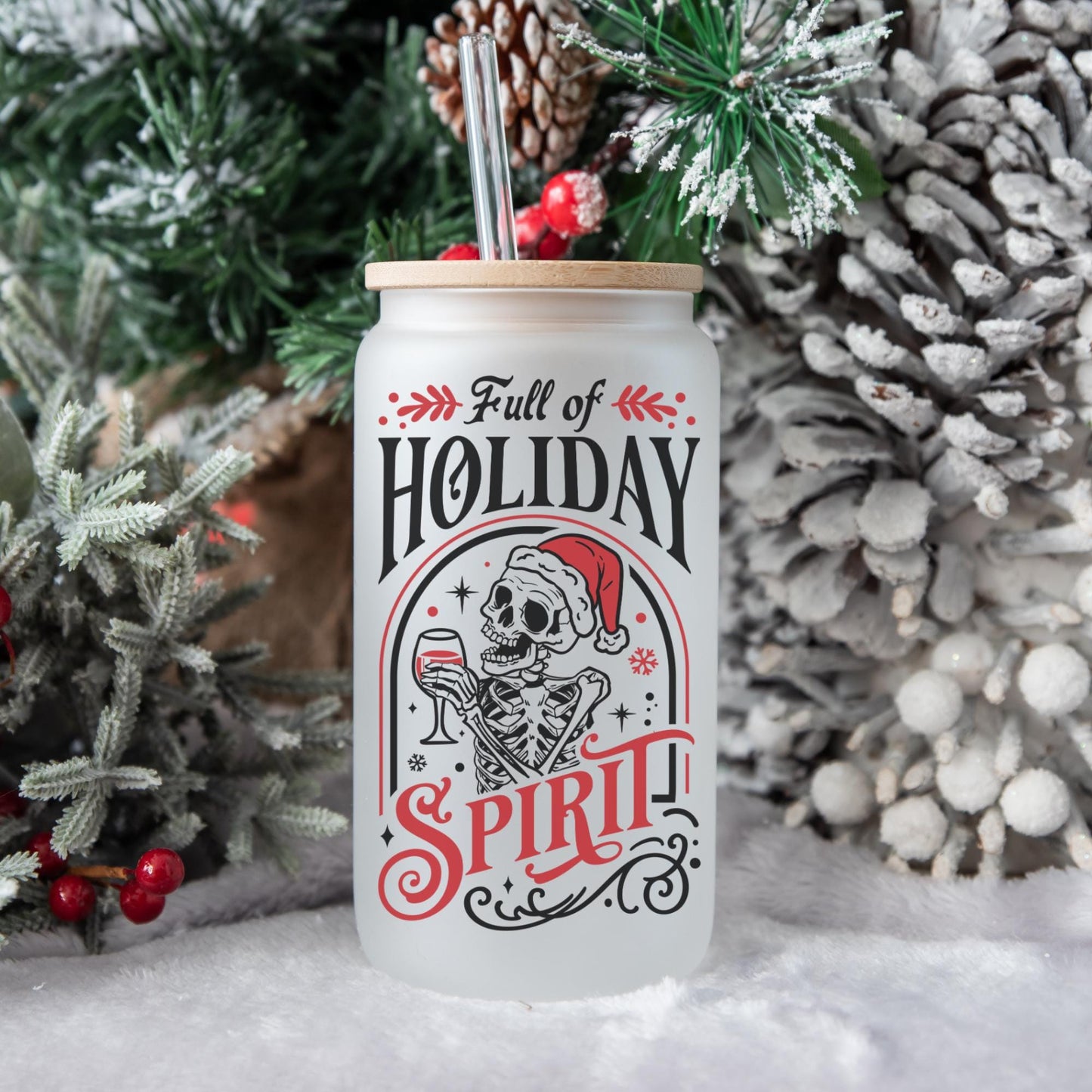 Holiday Spirit 16oz Iced Coffee Cup, Christmas Cups, Coffee Glass, Iced Coffee Glass, Holiday Glass, Coffee Cup w/ Reusable Straw & Lid