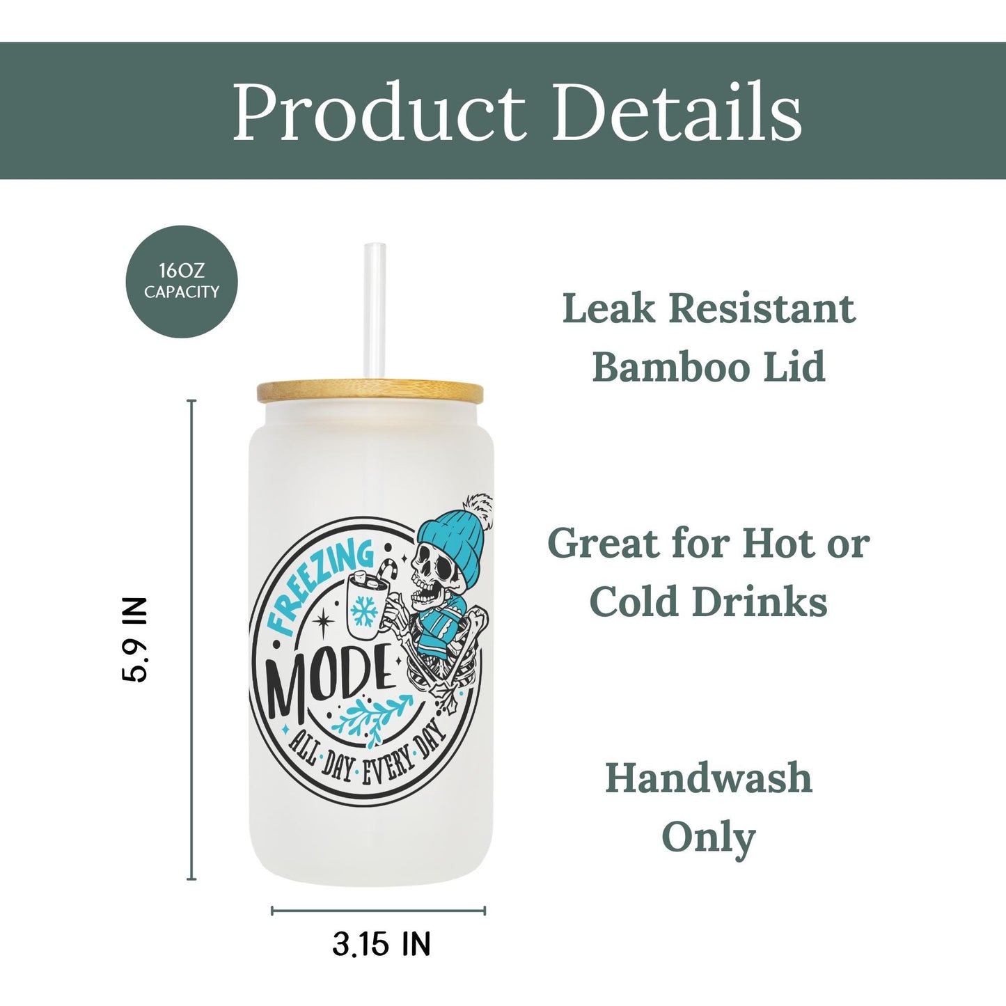 Freezing Mode 16oz Iced Coffee Cup, Christmas Cups, Coffee Glass, Iced Coffee Glass, Holiday Glass, Coffee Cup w/ Reusable Straw & Lid.