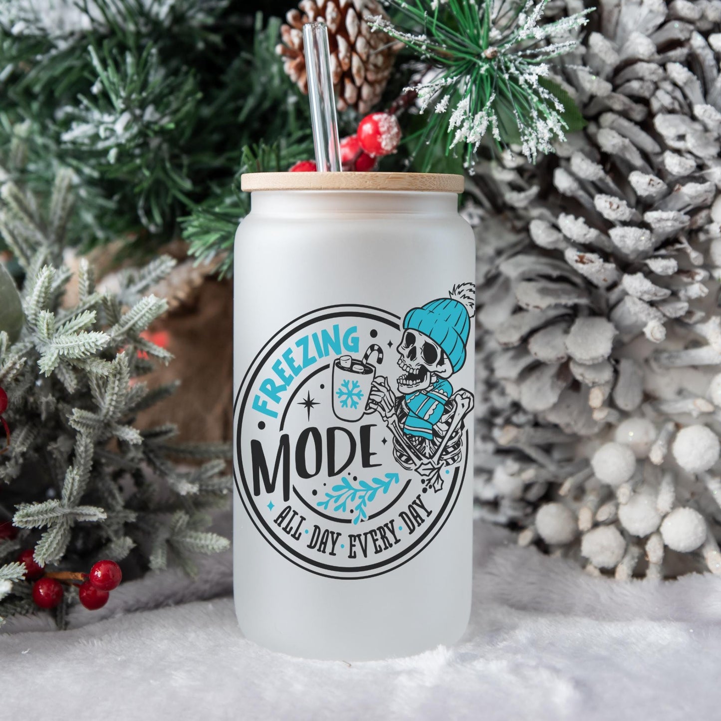 Freezing Mode 16oz Iced Coffee Cup, Christmas Cups, Coffee Glass, Iced Coffee Glass, Holiday Glass, Coffee Cup w/ Reusable Straw & Lid.
