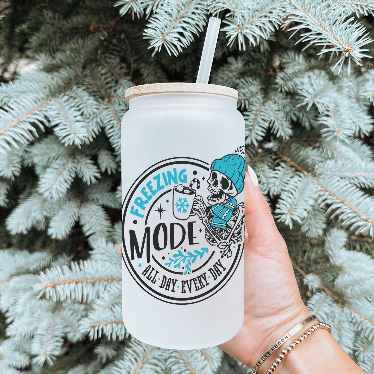 Freezing Mode 16oz Iced Coffee Cup, Christmas Cups, Coffee Glass, Iced Coffee Glass, Holiday Glass, Coffee Cup w/ Reusable Straw & Lid.