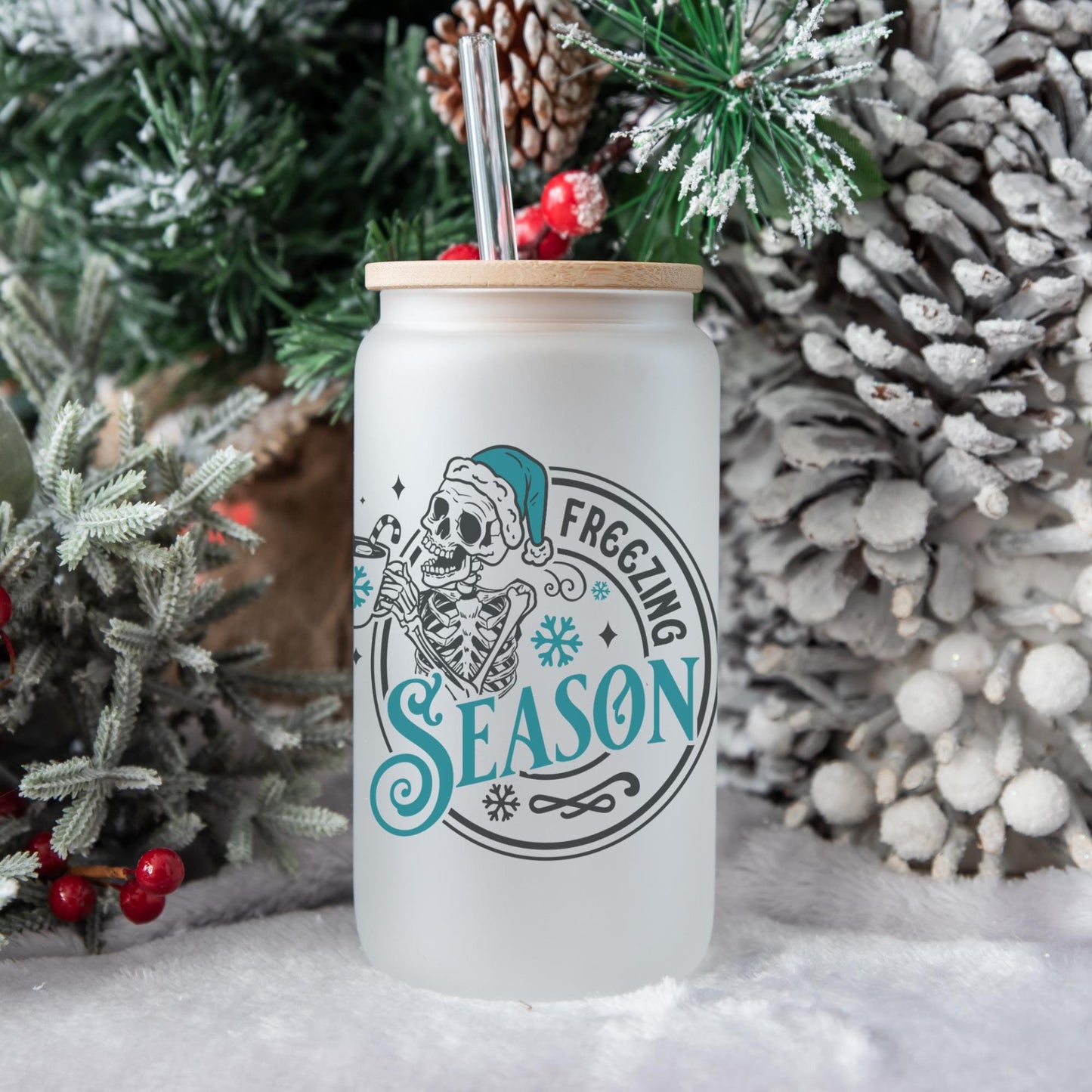 Freezing Season 16oz Iced Coffee Cup, Christmas Cups, Coffee Glass, Iced Coffee Glass, Holiday Glass, Coffee Cup w/ Reusable Straw & Lid