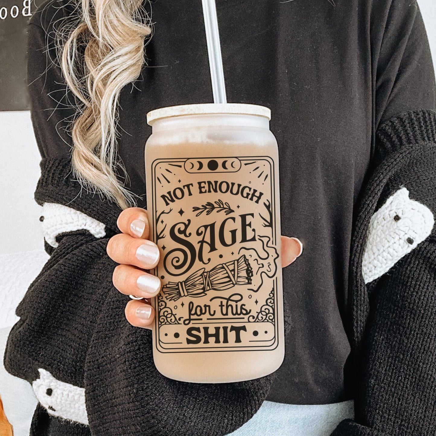 Not Enough Sage Funny Tarot 16oz Iced Coffee Cup, Tarot Card Glass, Celestial Glass Cup, Witchy Gift Cup, Coffee Cup w/ Straw & Bamboo Lid.