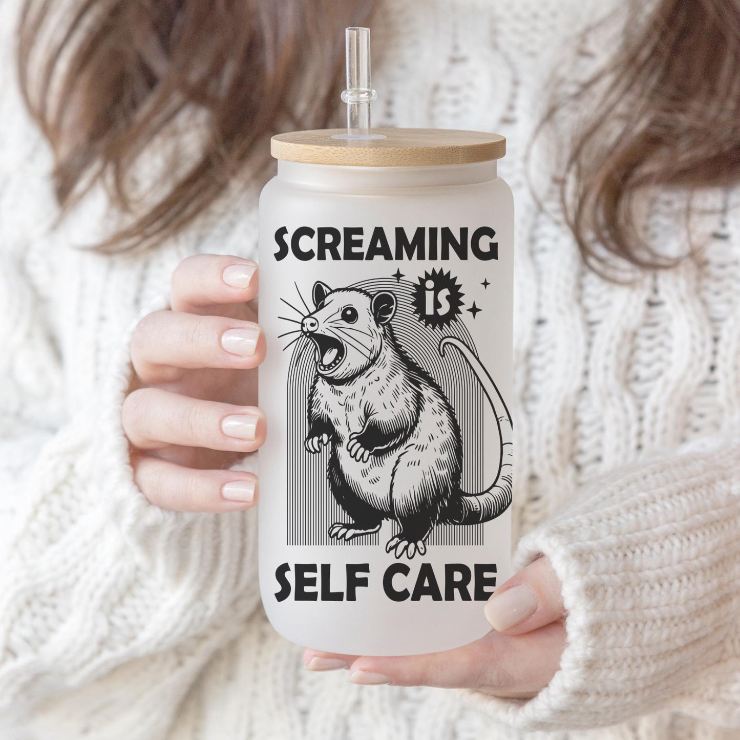 Screaming is Self Care 16oz Iced Coffee Cup, Funny Possum Glass, Self Care Funny Gift, Funny Possum Lover Gift, Coffee Cup w/ Straw & Lid.