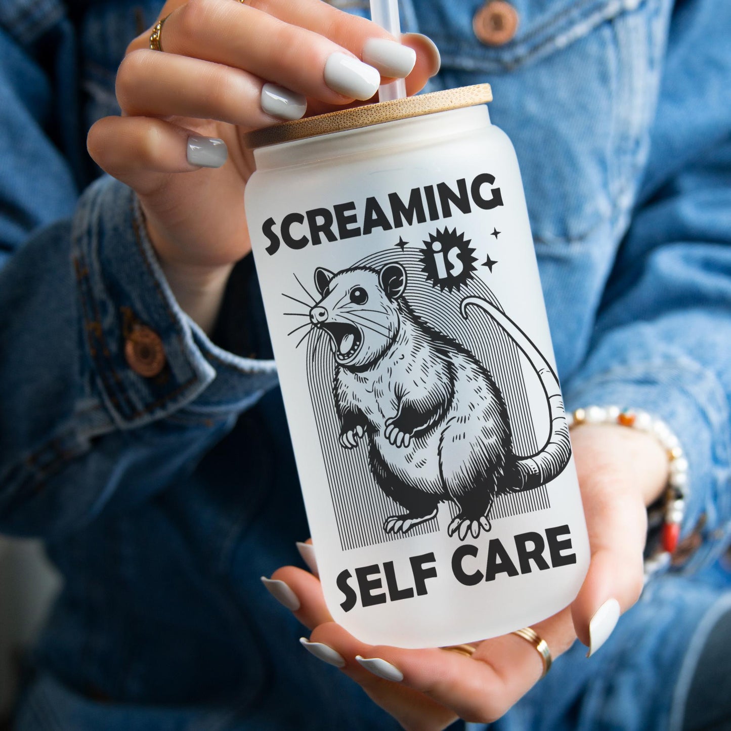 Screaming is Self Care 16oz Iced Coffee Cup, Funny Possum Glass, Self Care Funny Gift, Funny Possum Lover Gift, Coffee Cup w/ Straw & Lid.