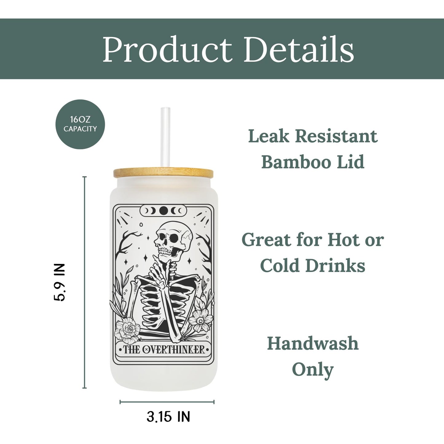 Overthinker Tarot 16oz Iced Coffee Cup, Tarot Card Glass Coffee Tumbler, Gifts for Someone Who Overthinks, Coffee Cup w/ Straw & Bamboo Lid.