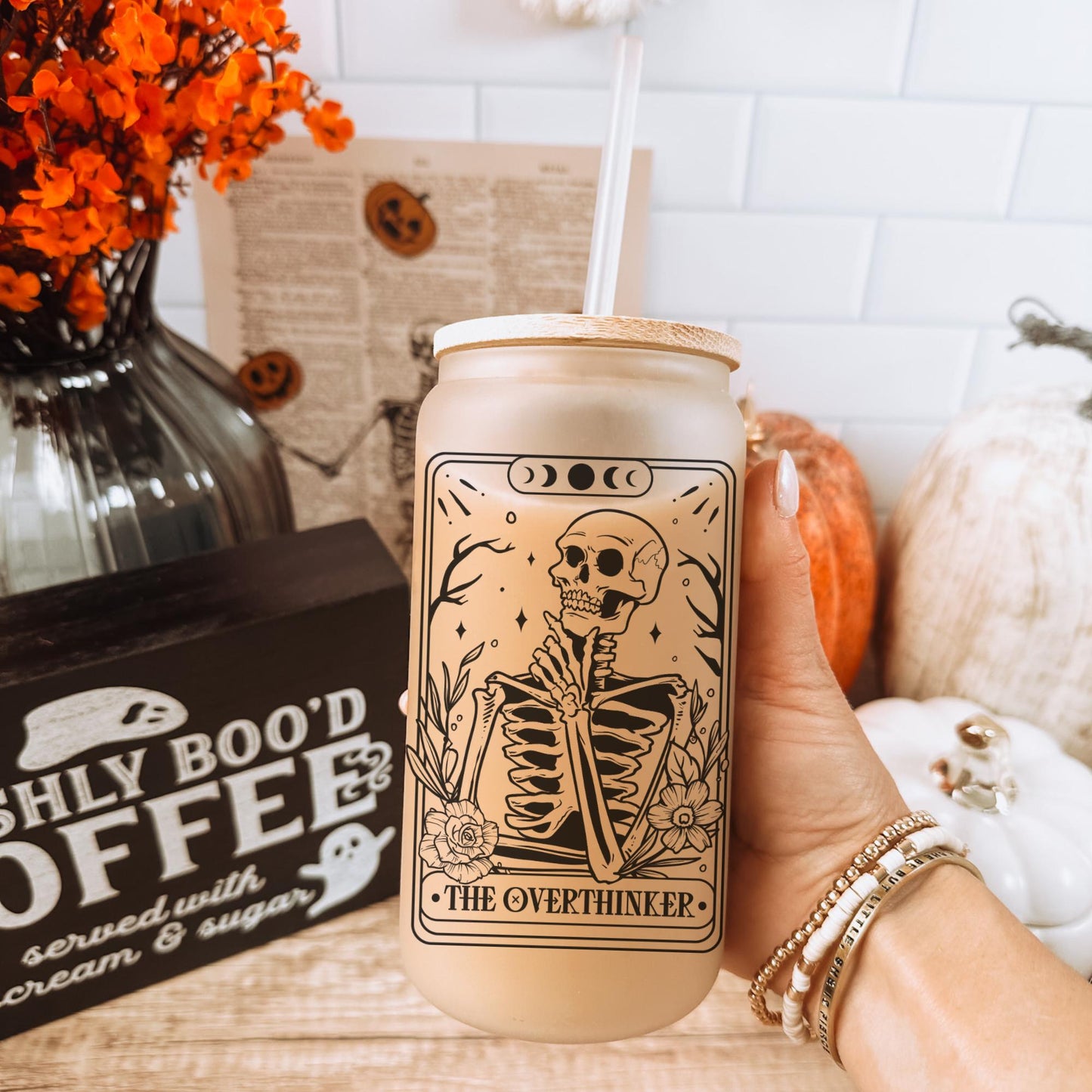 Overthinker Tarot 16oz Iced Coffee Cup, Tarot Card Glass Coffee Tumbler, Gifts for Someone Who Overthinks, Coffee Cup w/ Straw & Bamboo Lid.