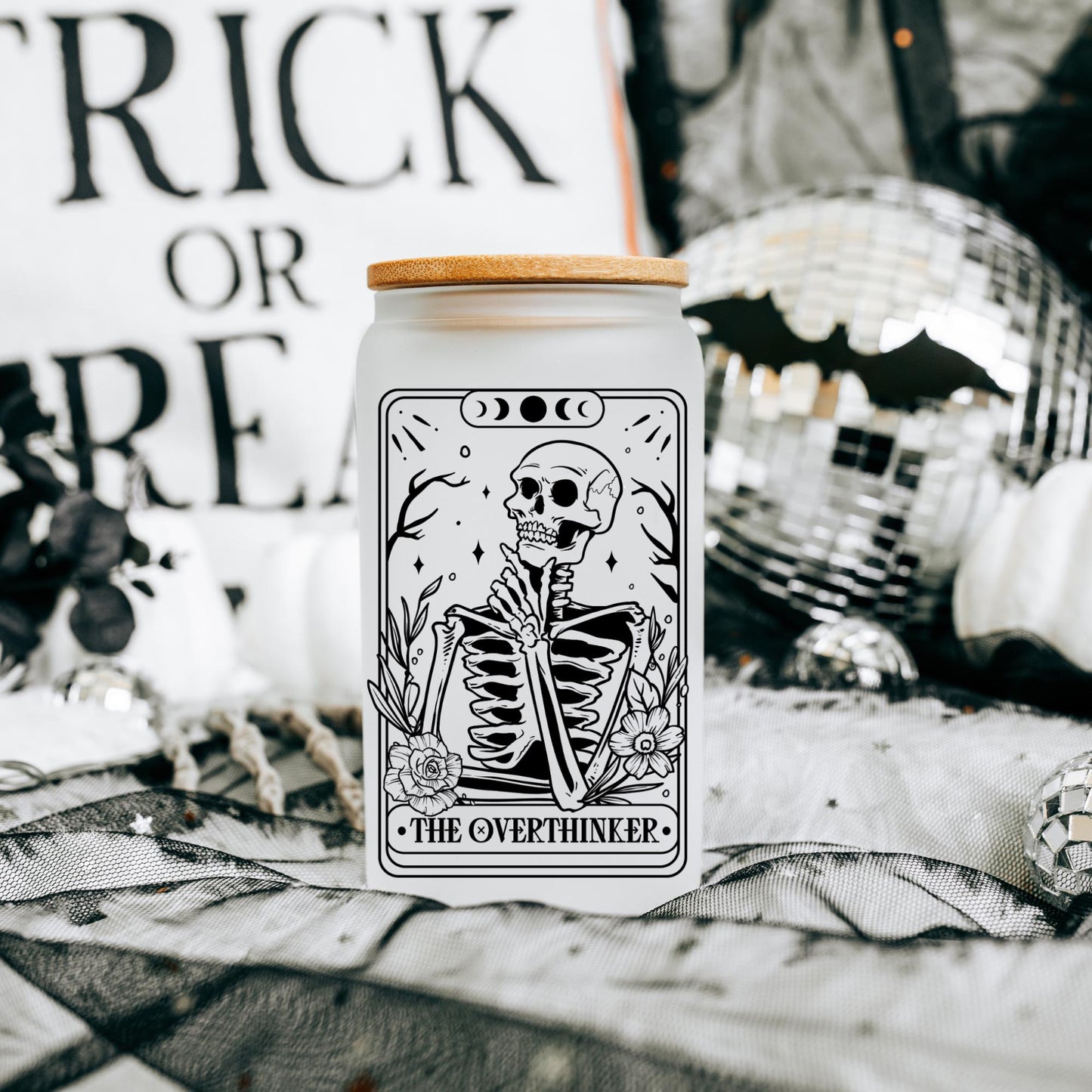 Overthinker Tarot 16oz Iced Coffee Cup, Tarot Card Glass Coffee Tumbler, Gifts for Someone Who Overthinks, Coffee Cup w/ Straw & Bamboo Lid.