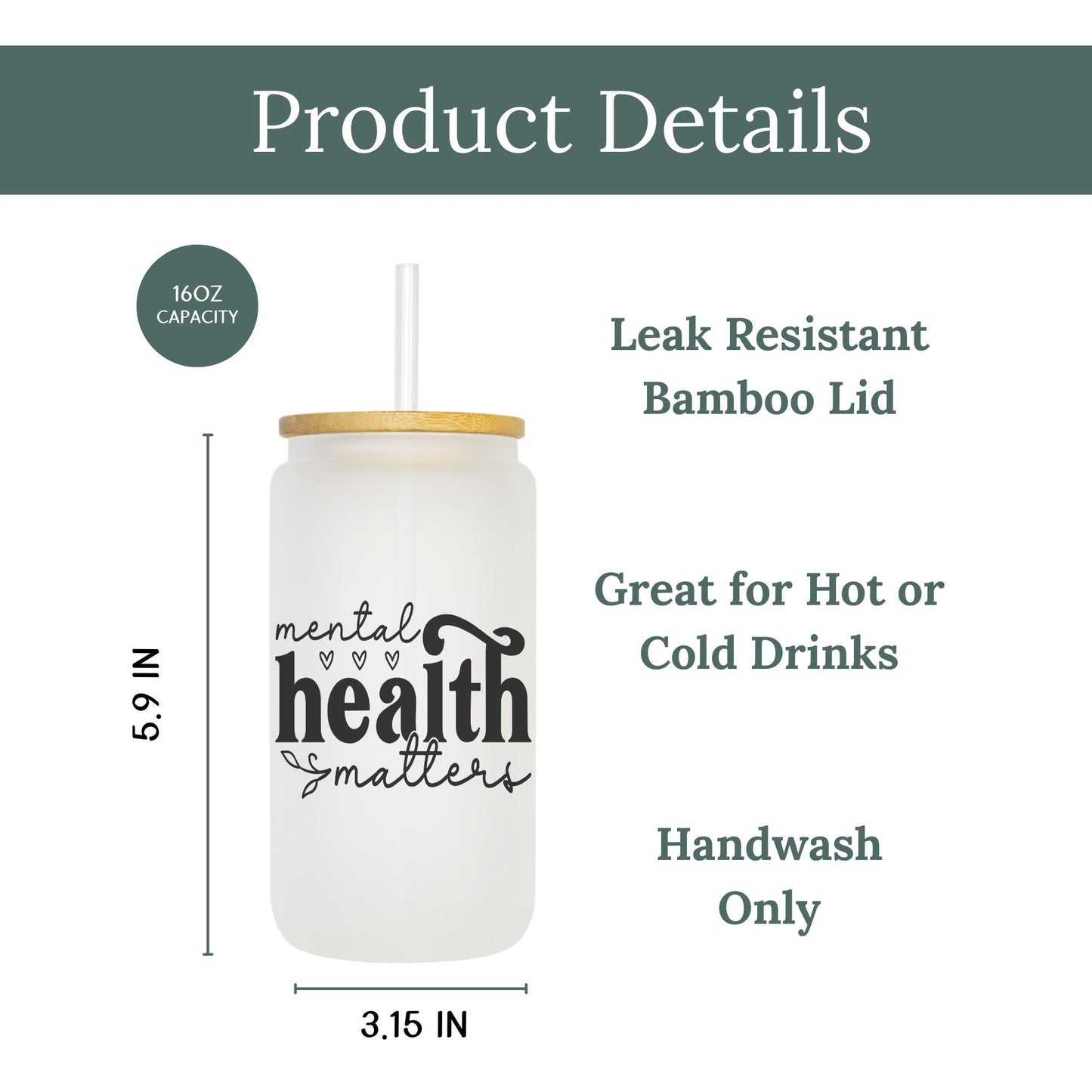 Mental Health Matters 16oz Iced Coffee Cup, Psychologist Gift, Gift For Therapist, Mental Health Glass Cup, Coffee Cup w/ Straw & Lid.