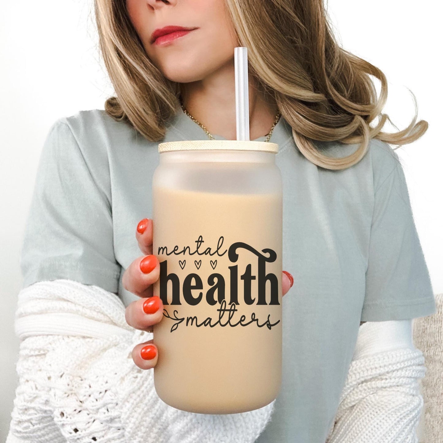 Mental Health Matters 16oz Iced Coffee Cup, Psychologist Gift, Gift For Therapist, Mental Health Glass Cup, Coffee Cup w/ Straw & Lid.