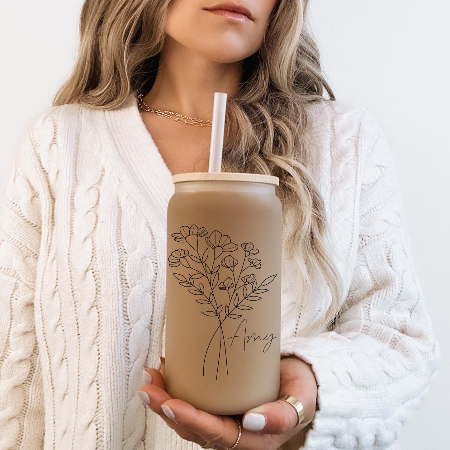 Personalized Floral Line Art Iced Coffee Cup 16oz, Bridesmaid Gift, Bachelorette Glass Cup, Bridesmaid Proposal, Coffee Cup w/ Straw & Lid.