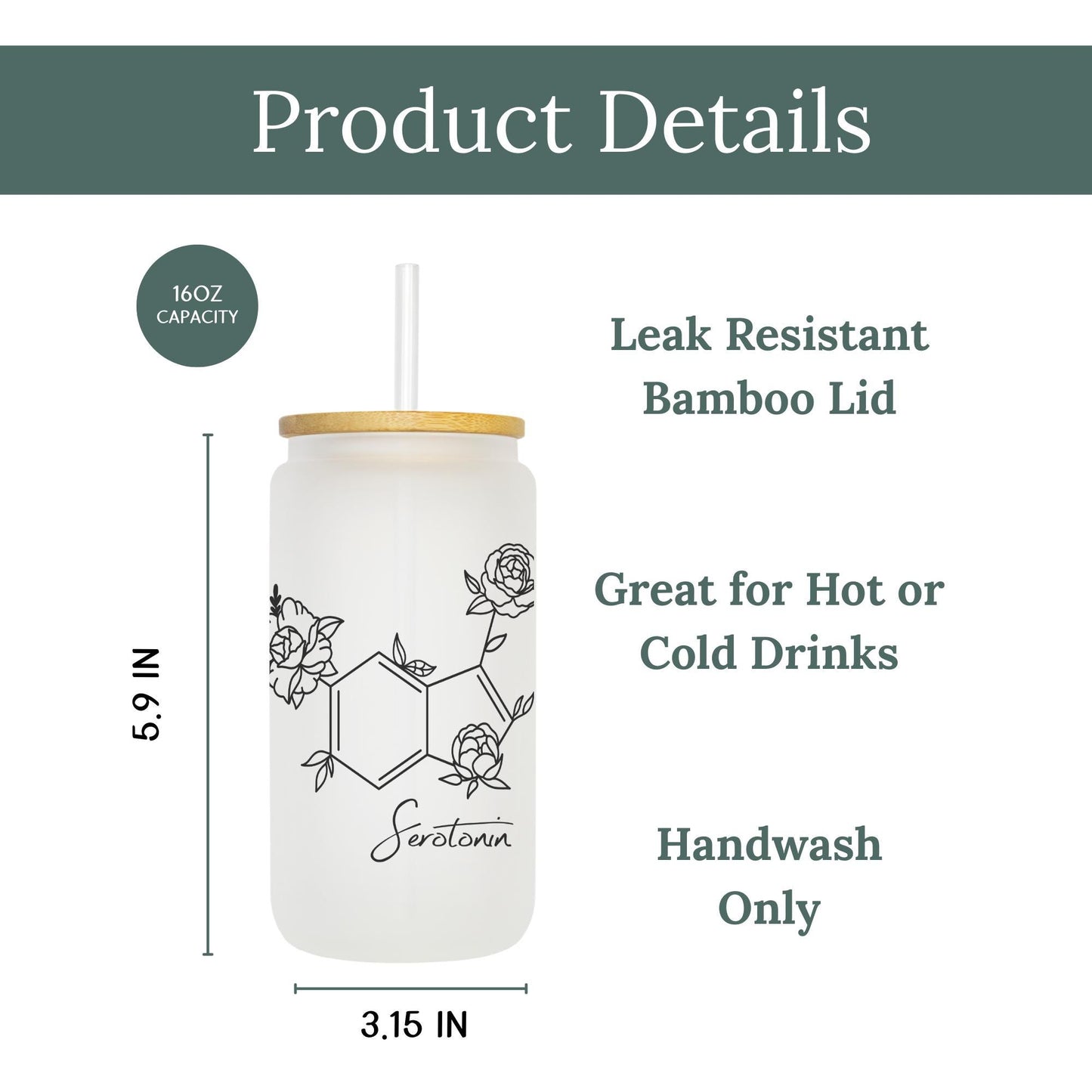 Chemical I 16oz Iced Coffee Cup, Serotonin Humor Gift, Science Teacher Gift, Chemistry Gift, Coffee Cup w/ Reusable Straw & Bamboo Lid.