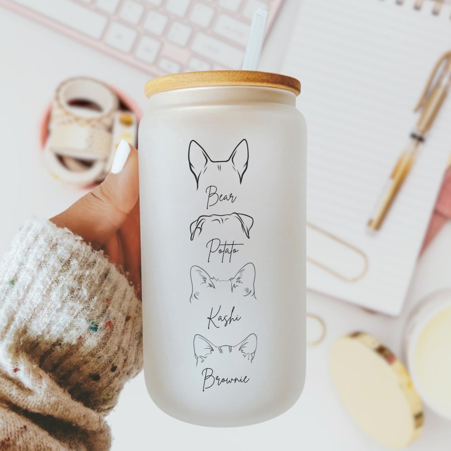 Personalized Pet Ears with Names 16oz Iced Coffee Cup, Dog Mom Gift For Her, Dog Dad Gift, Dog Ear Travel Mug, Coffee Cup w/ Straw & Lid