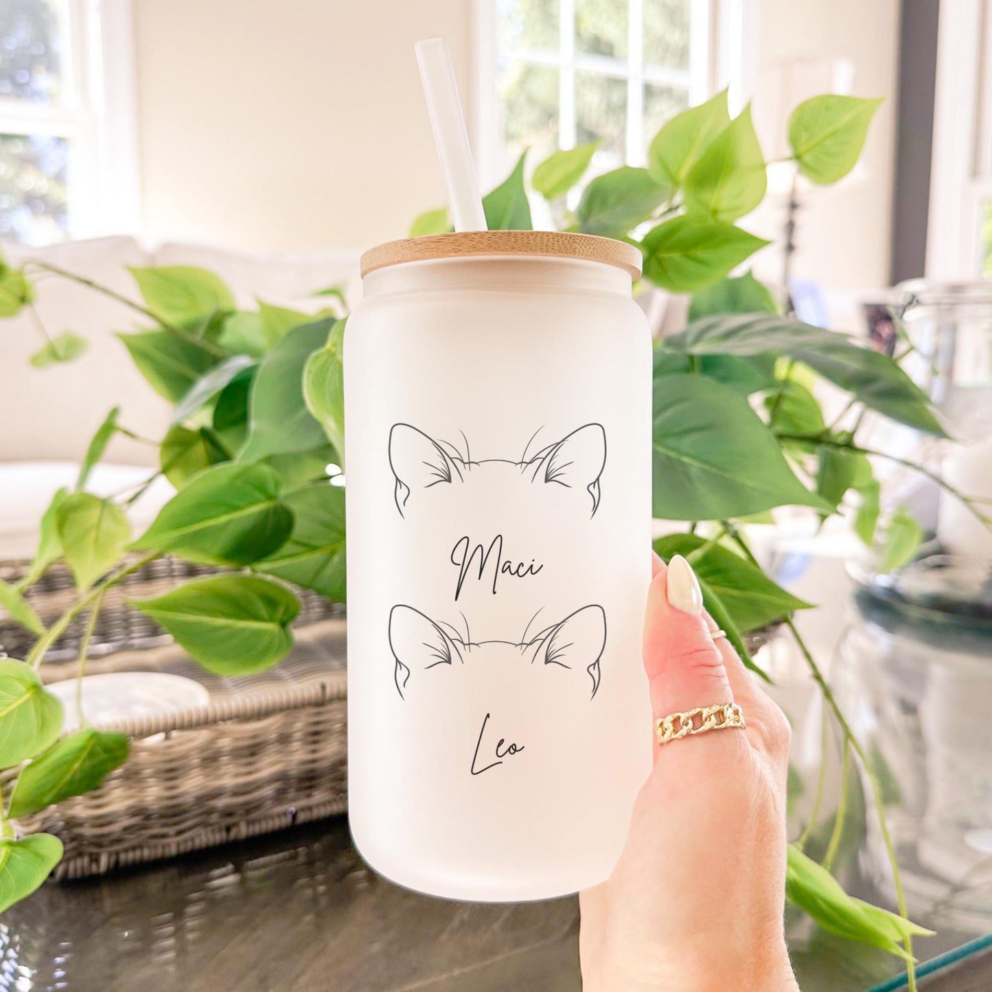 Personalized Pet Ears with Names 16oz Iced Coffee Cup, Dog Mom Gift For Her, Dog Dad Gift, Dog Ear Travel Mug, Coffee Cup w/ Straw & Lid