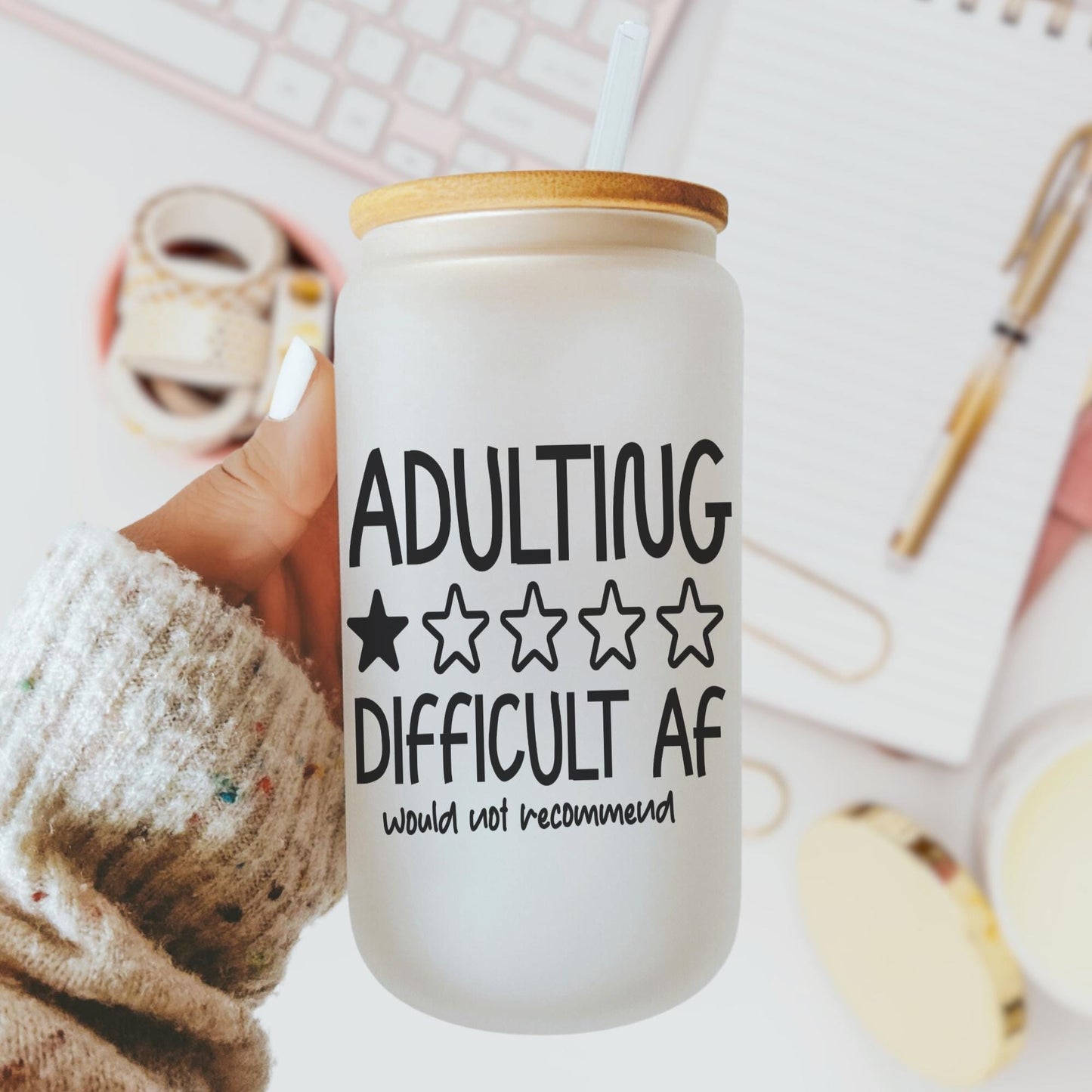Adulting Would not Recommended 16oz Iced Coffee Cup, Funny Tumbler, Iced Coffee Lover Gift, Adulting Coffee Cup, Coffee Cup w/ Straw & Lid.