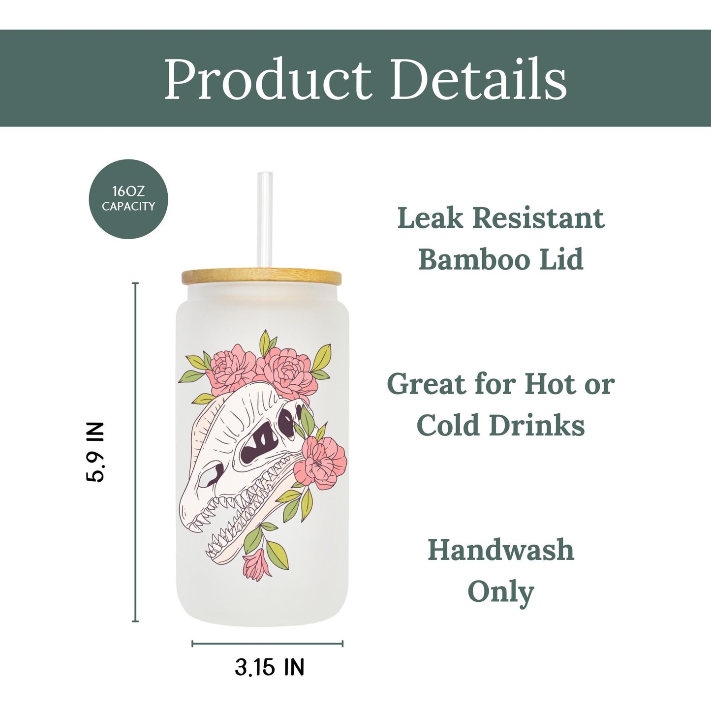 Floral Dilophosaurus Dinosaur 16oz Iced Coffee Cup, Dinosaur Cup, Floral Dinosaur Cup, Dinosaur Lover Gift, Coffee Cup w/ Straw & Bamboo Lid