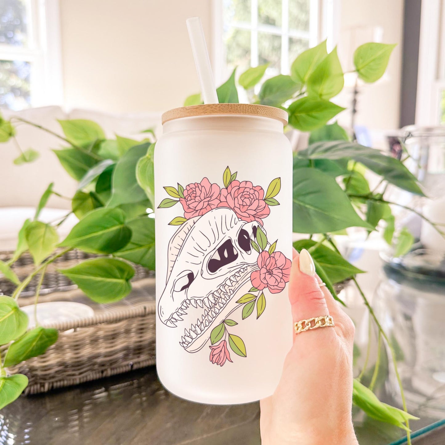 Floral Dilophosaurus Dinosaur 16oz Iced Coffee Cup, Dinosaur Cup, Floral Dinosaur Cup, Dinosaur Lover Gift, Coffee Cup w/ Straw & Bamboo Lid
