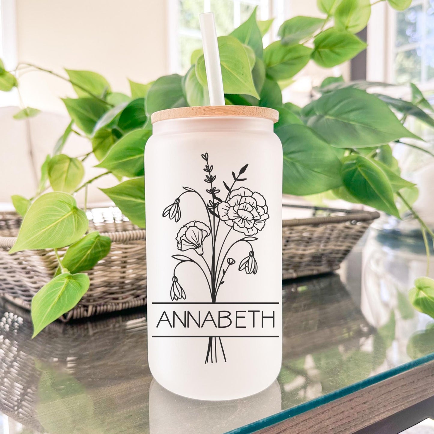 Birth Flower Bouquet w/ name 16oz Coffee Cup, Bridesmaid Gift, Bachelorette Cup, Bridesmaid Proposal, Coffee Cup w/ Straw & Lid.