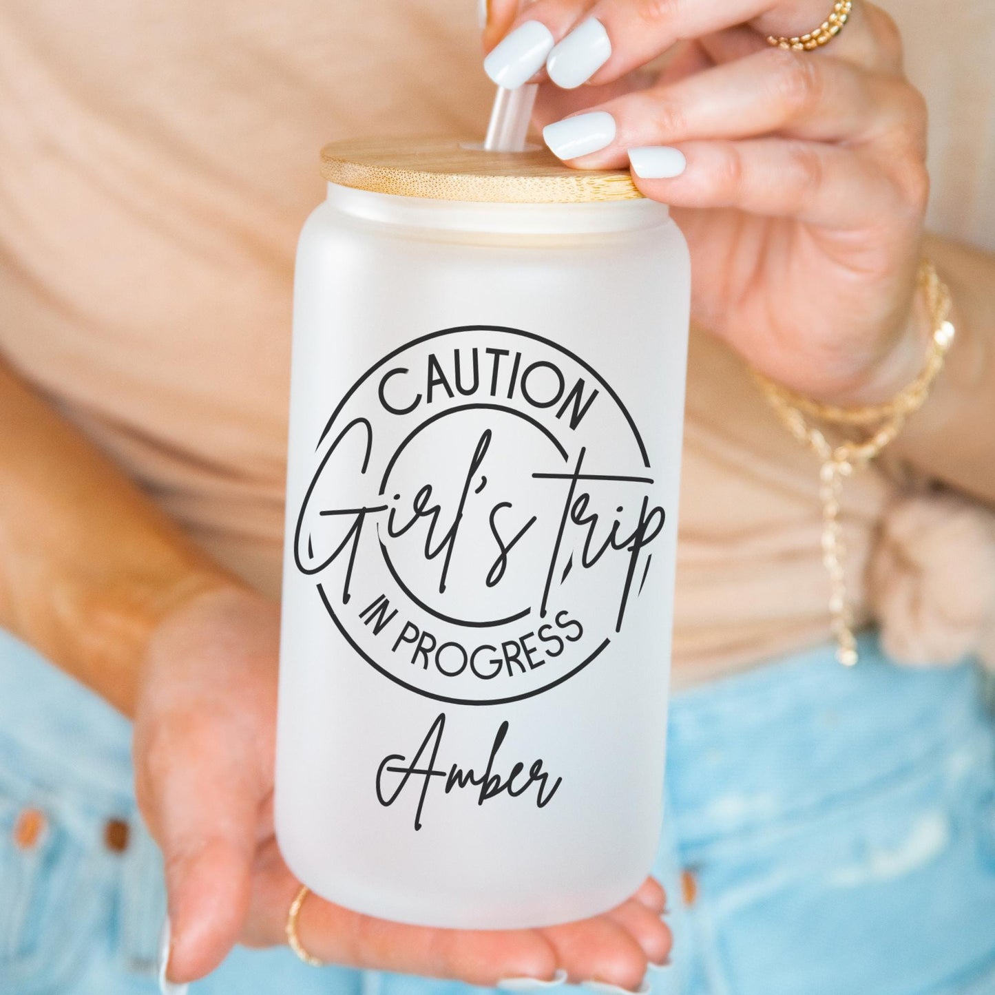 Girl's Trip Customizable 16oz Iced Coffee Cup, Girls Weekend, Girls Vacation Cup, Girls Weekend Trip, Can Glass w/ Straw, Bamboo Lid